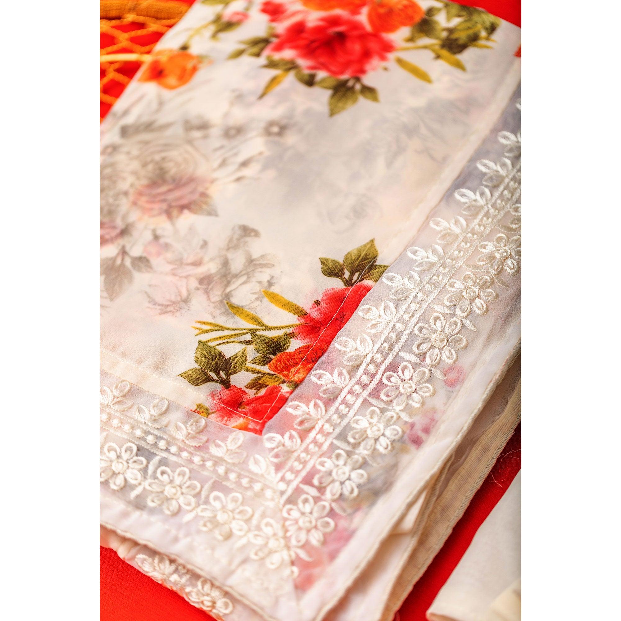 Cream Floral Printed With Embroidered Border Georgette Saree - Peachmode