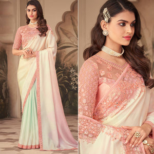 Cream Floral Sequence Embroidered Art Silk Saree - Peachmode