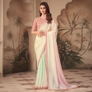 Cream Floral Sequence Embroidered Art Silk Saree - Peachmode