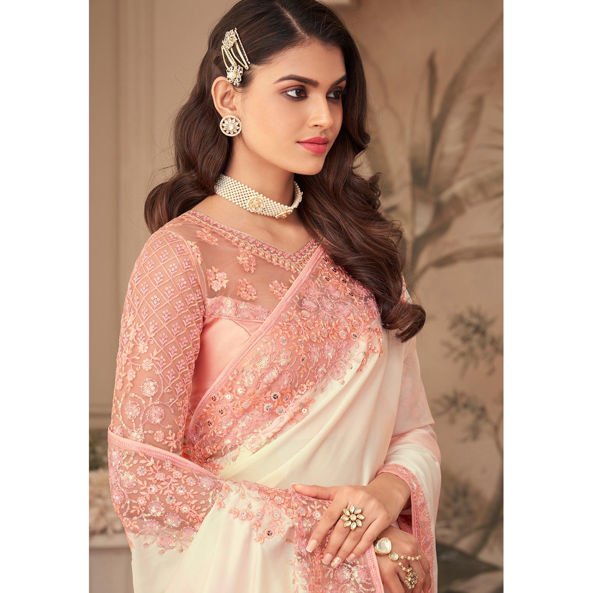 Cream Floral Sequence Embroidered Art Silk Saree - Peachmode