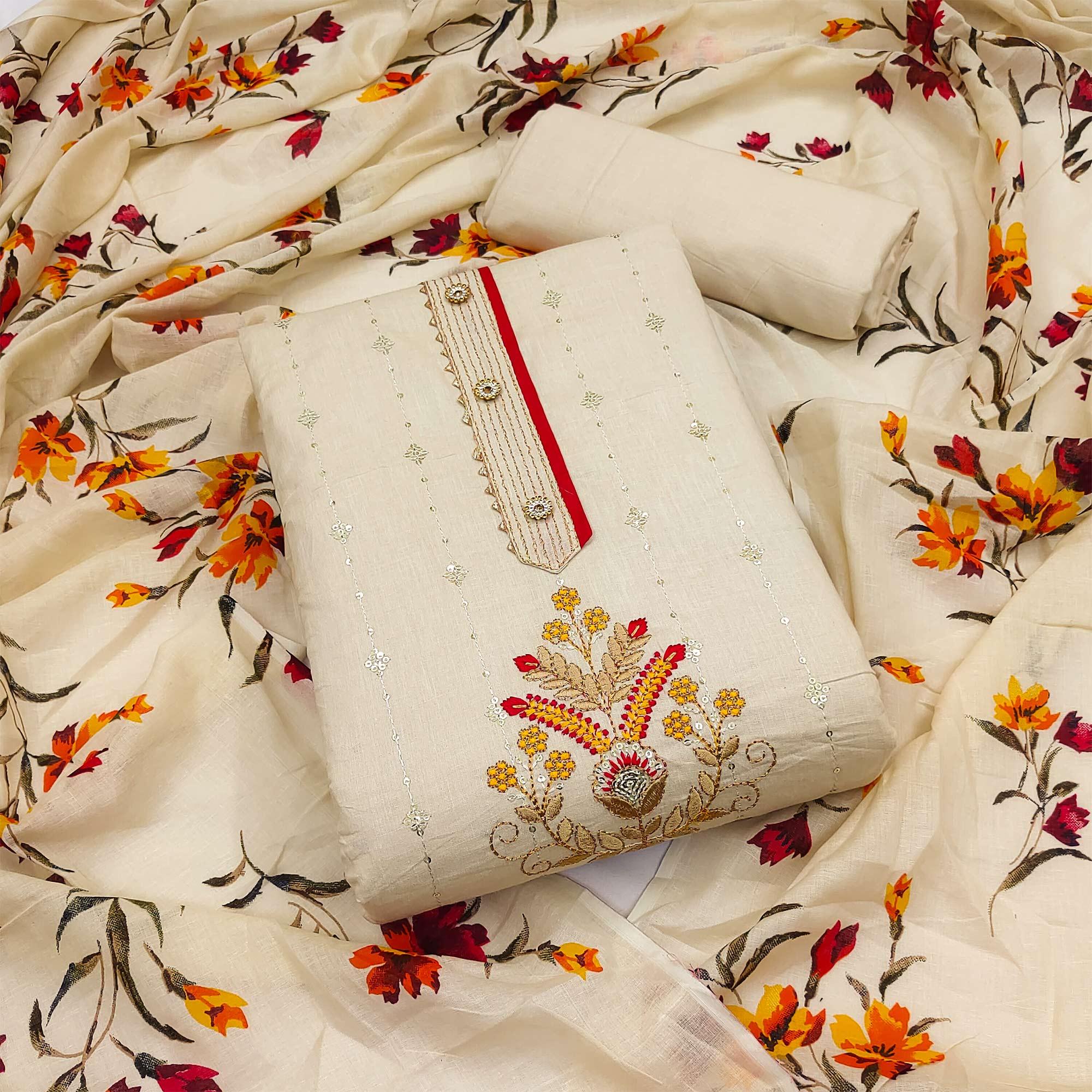 Cream Floral Sequence Embroidered Pure Cotton Dress Material - Peachmode