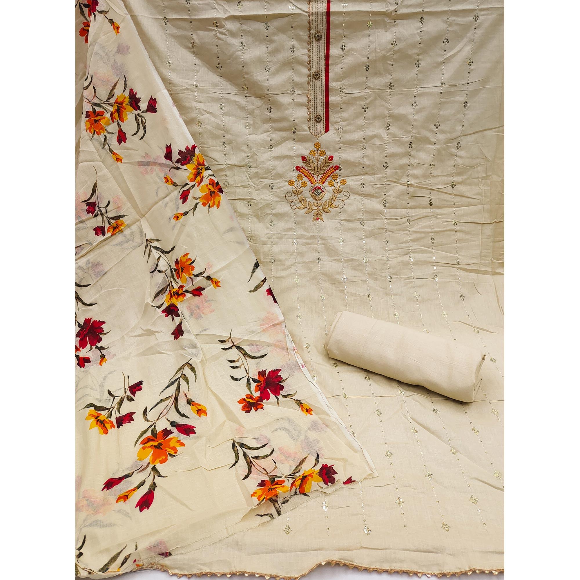 Cream Floral Sequence Embroidered Pure Cotton Dress Material - Peachmode