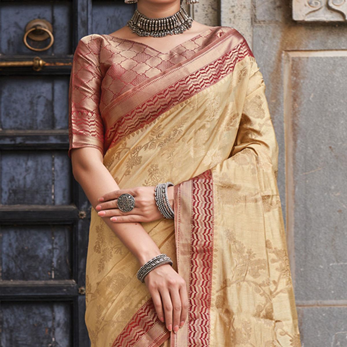 Cream Floral Woven Pure Silk Saree - Peachmode