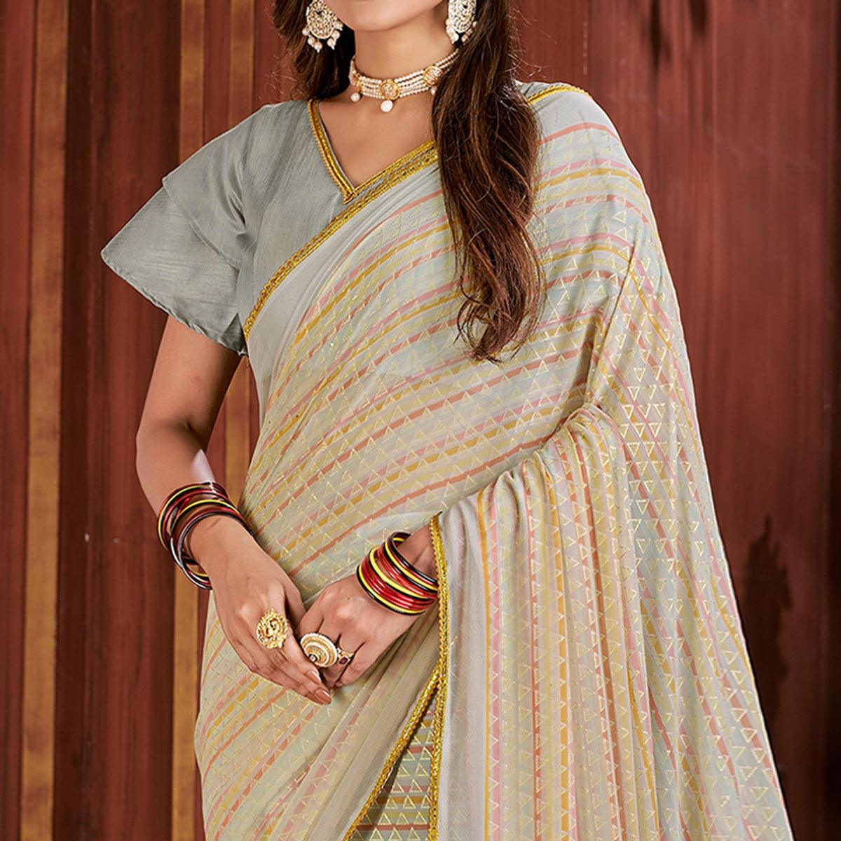 Cream Foil Printed Georgette Saree - Peachmode