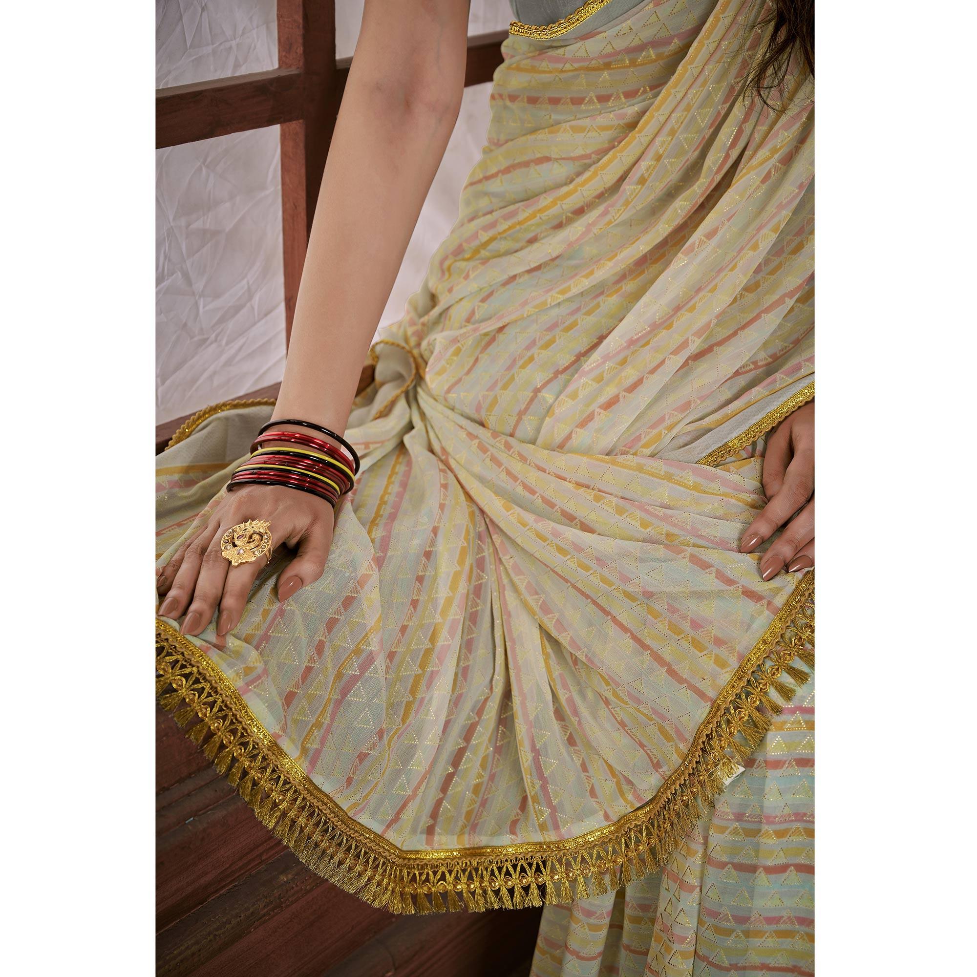 Cream Foil Printed Georgette Saree - Peachmode