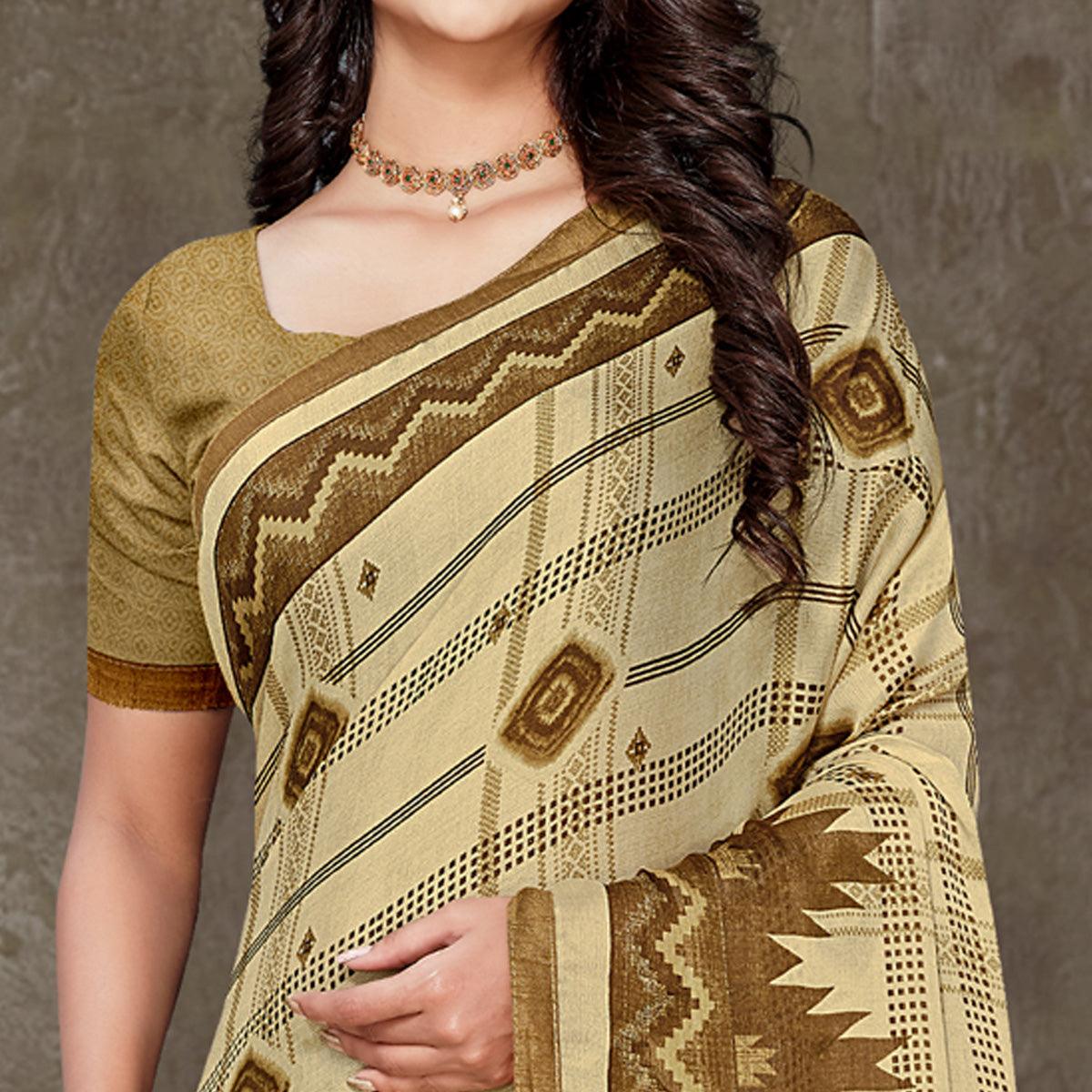 Cream Geometric Printed Chiffon Saree With Tassels - Peachmode