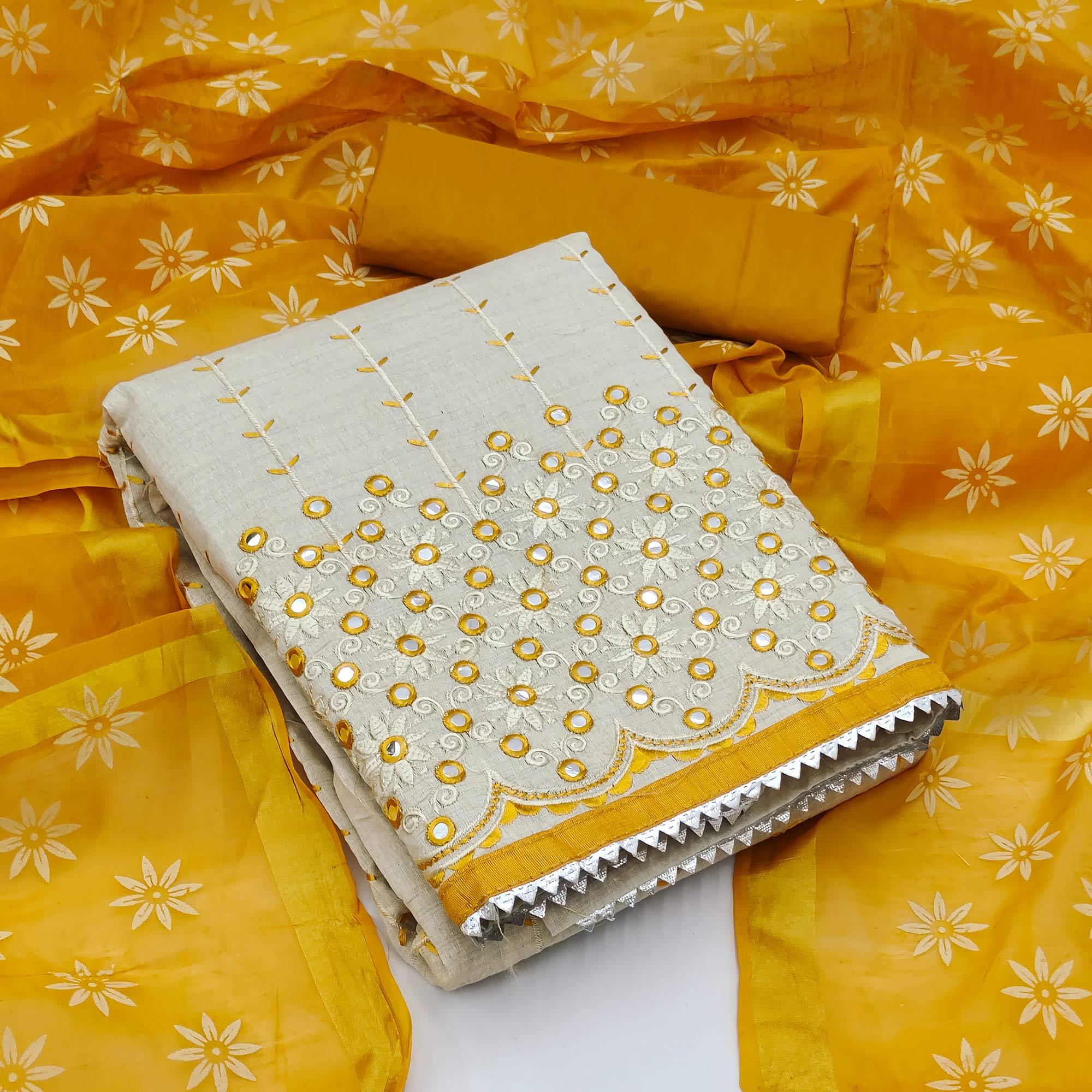 Cream - Gold Festive Wear Embroidery With Mirror Work Cotton Dress Material - Peachmode