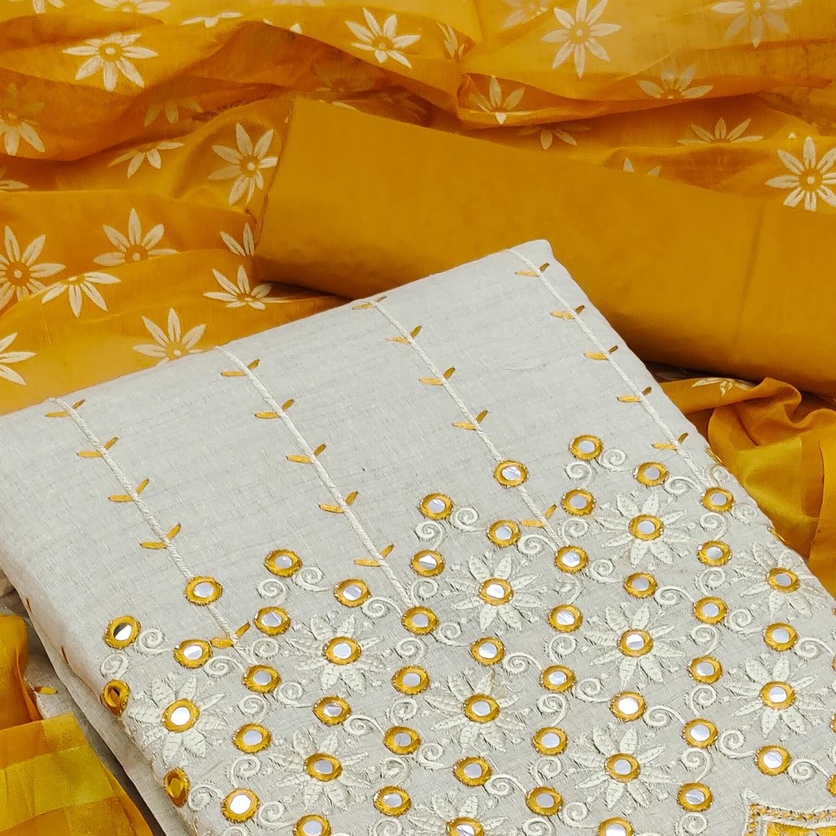 Cream - Gold Festive Wear Embroidery With Mirror Work Cotton Dress Material - Peachmode