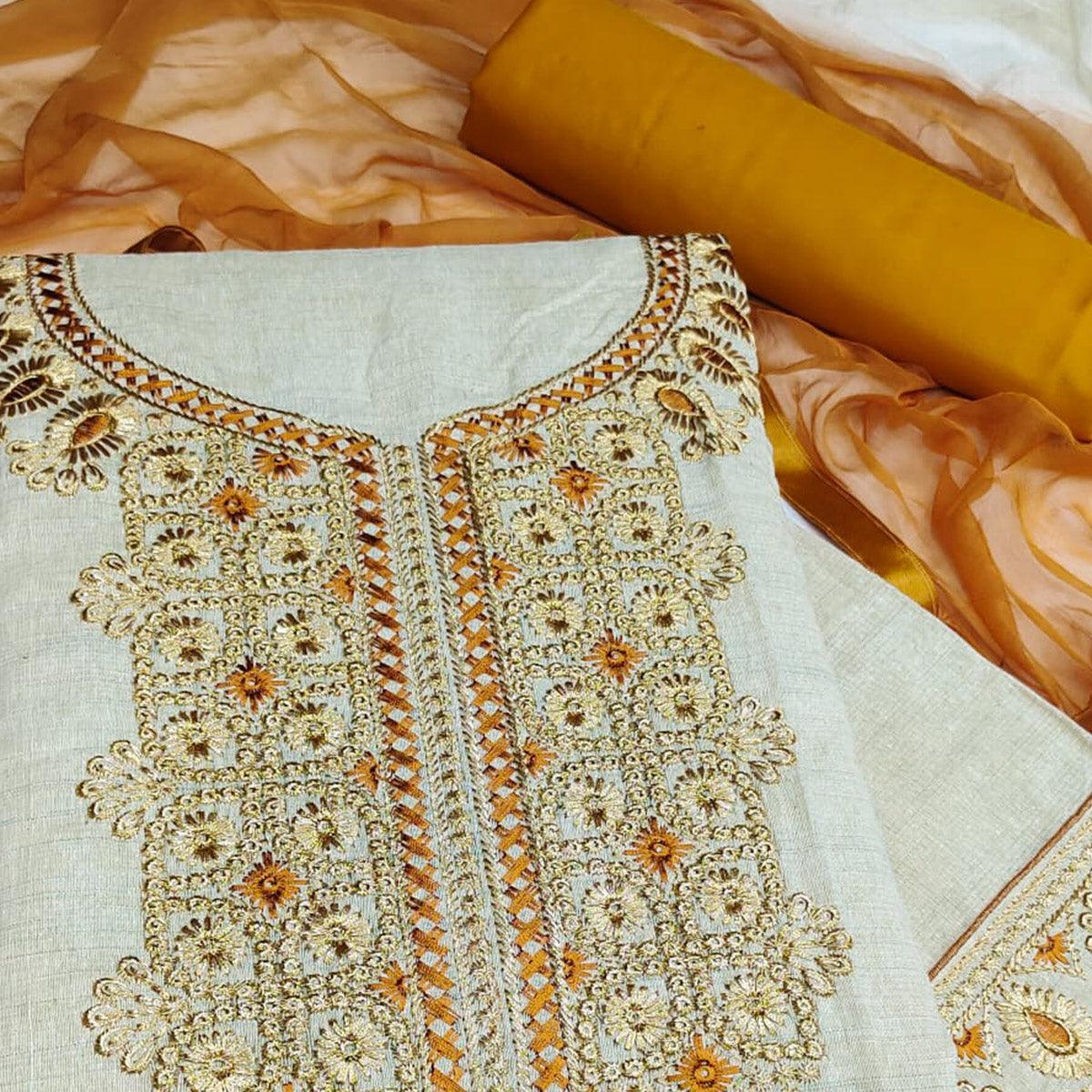 Cream-Gold Festive Wear Embroidery With Mirror Work Cotton Dress Material - Peachmode
