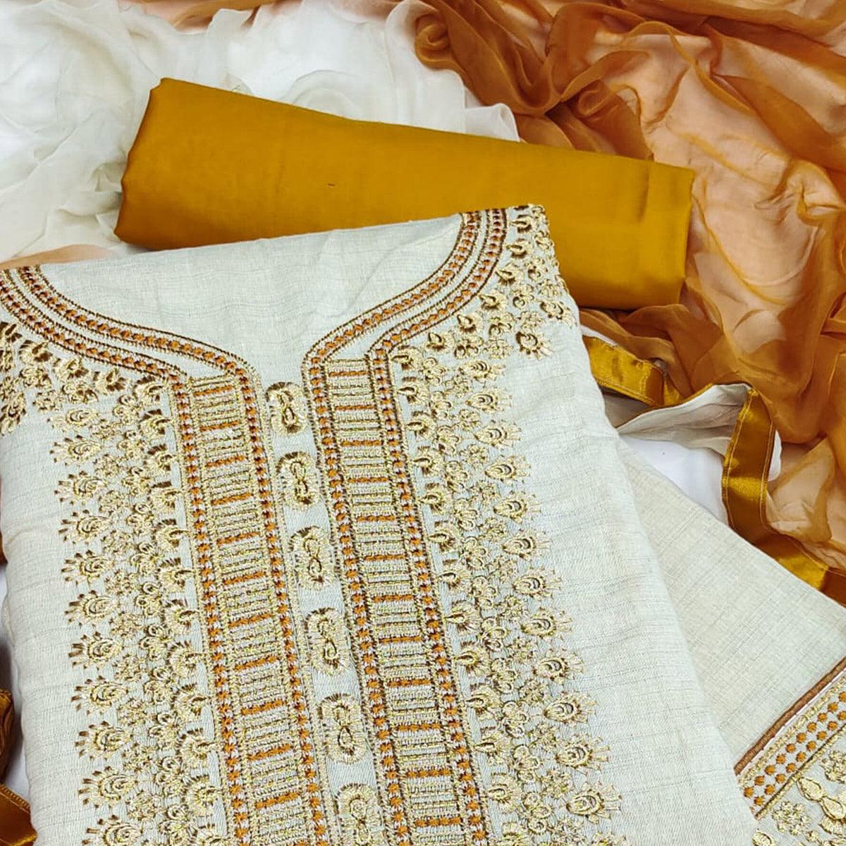Cream-Gold Festive Wear Mirror Work Cotton Dress Material - Peachmode