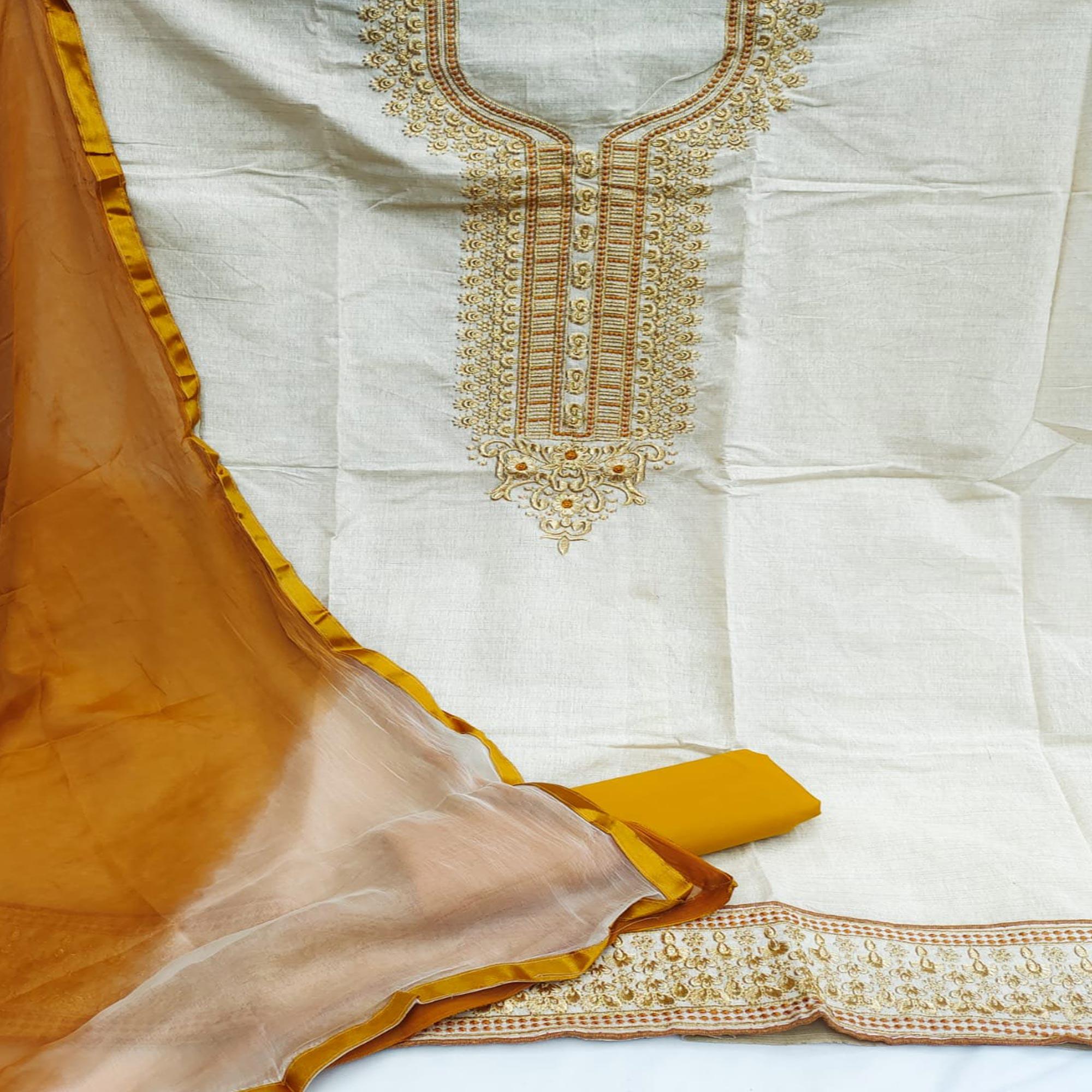 Cream-Gold Festive Wear Mirror Work Cotton Dress Material - Peachmode
