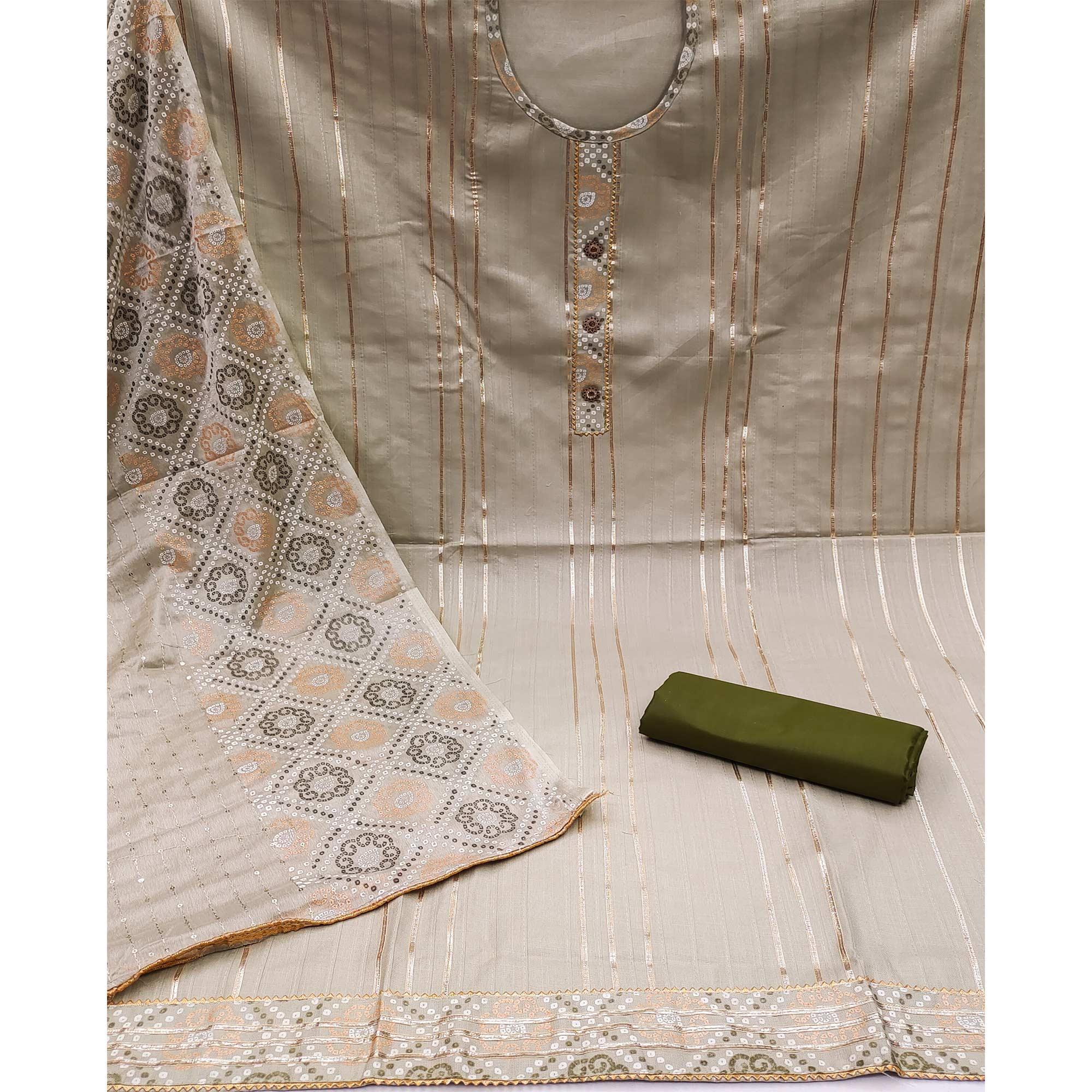 Cream Gotta Patti With Bandhani Printed Pure Cotton Dress Material - Peachmode