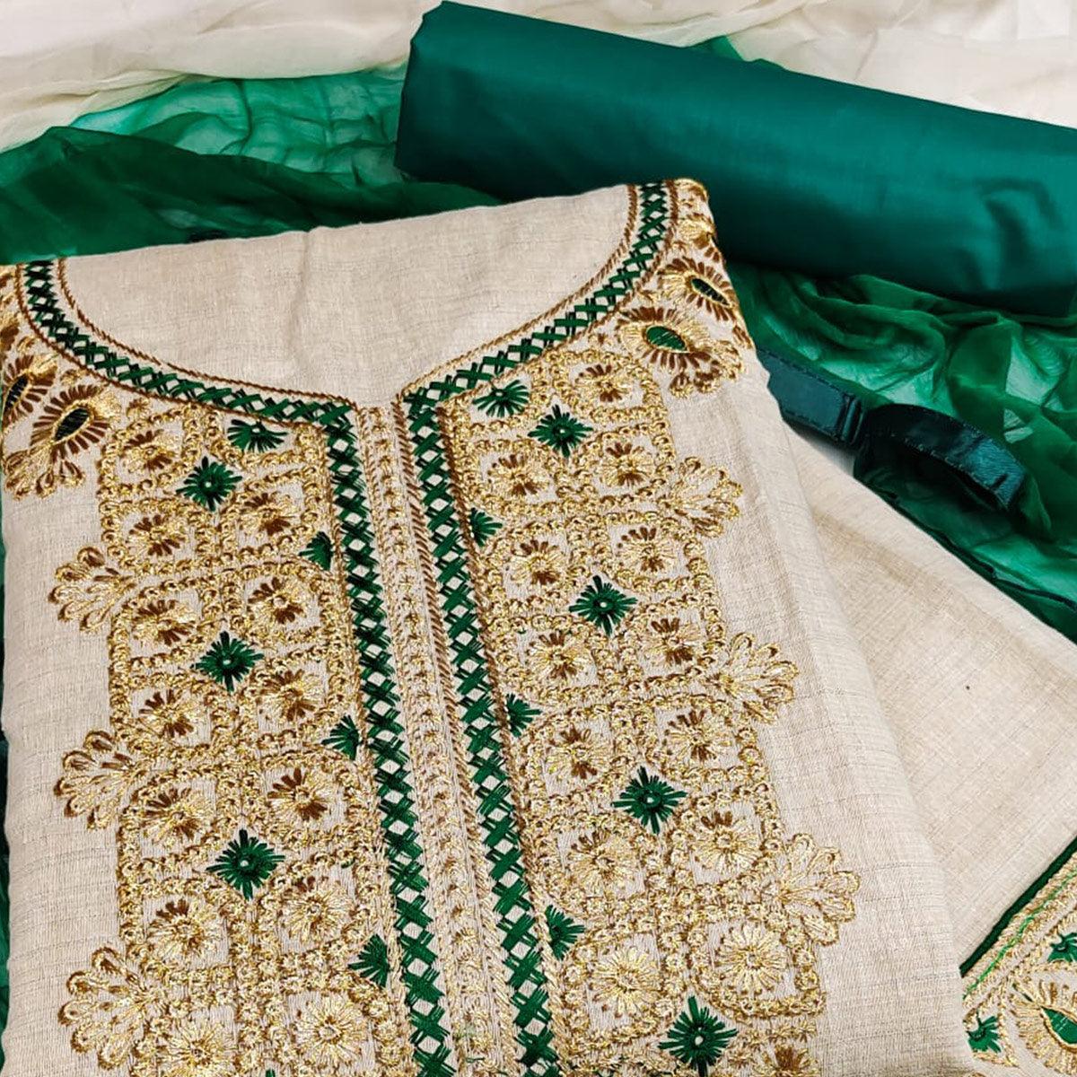 Cream-Green Festive Wear Embroidery With Mirror Work Cotton Dress Material - Peachmode