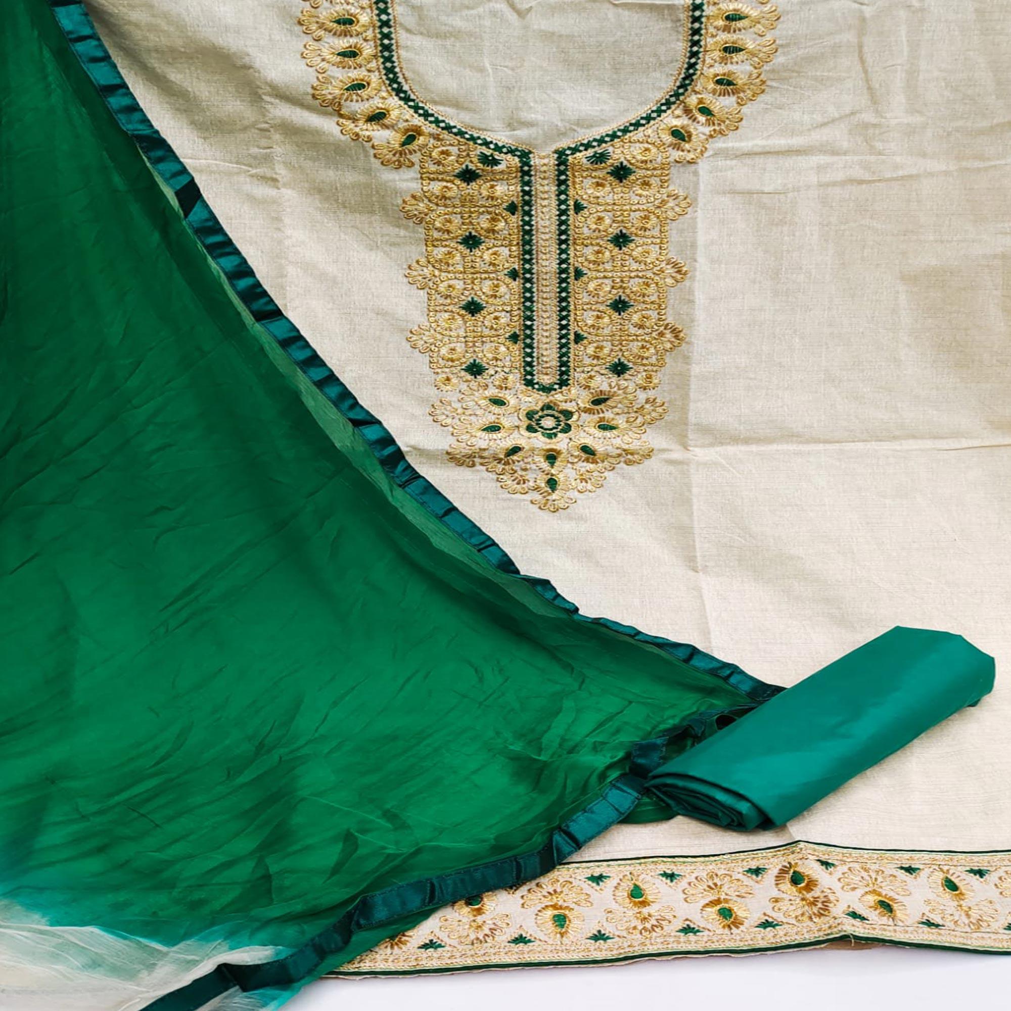 Cream-Green Festive Wear Embroidery With Mirror Work Cotton Dress Material - Peachmode