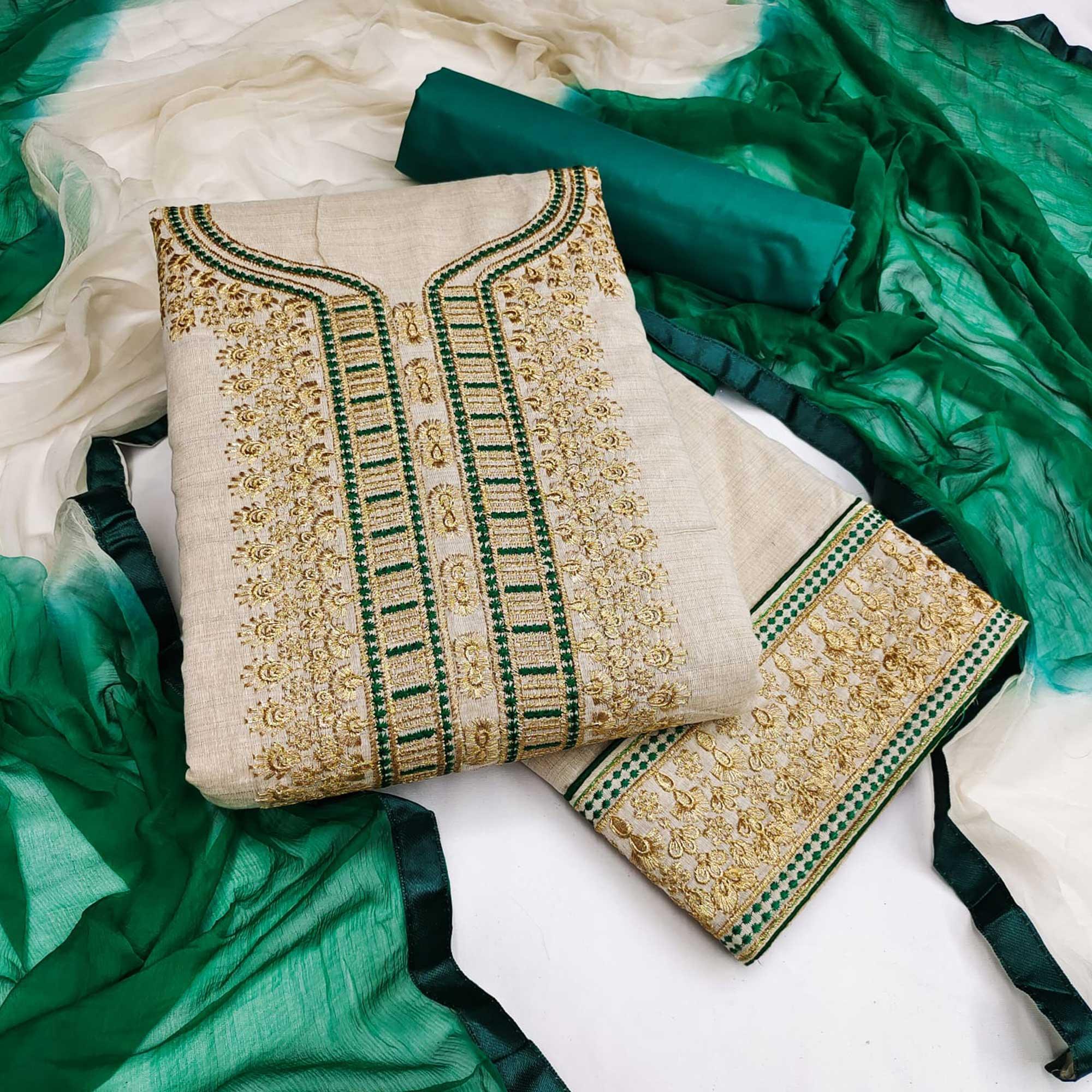 Cream-Green Festive Wear Mirror Work Cotton Dress Material - Peachmode