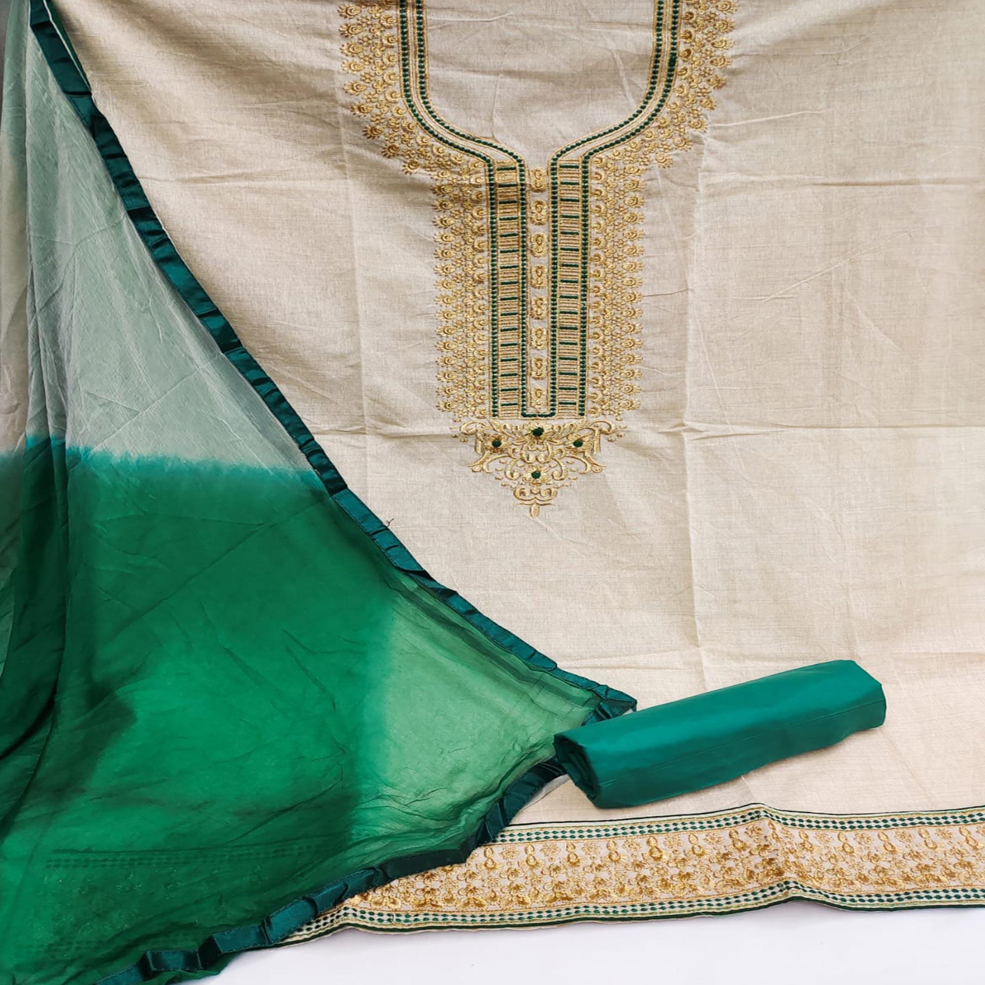 Cream-Green Festive Wear Mirror Work Cotton Dress Material - Peachmode