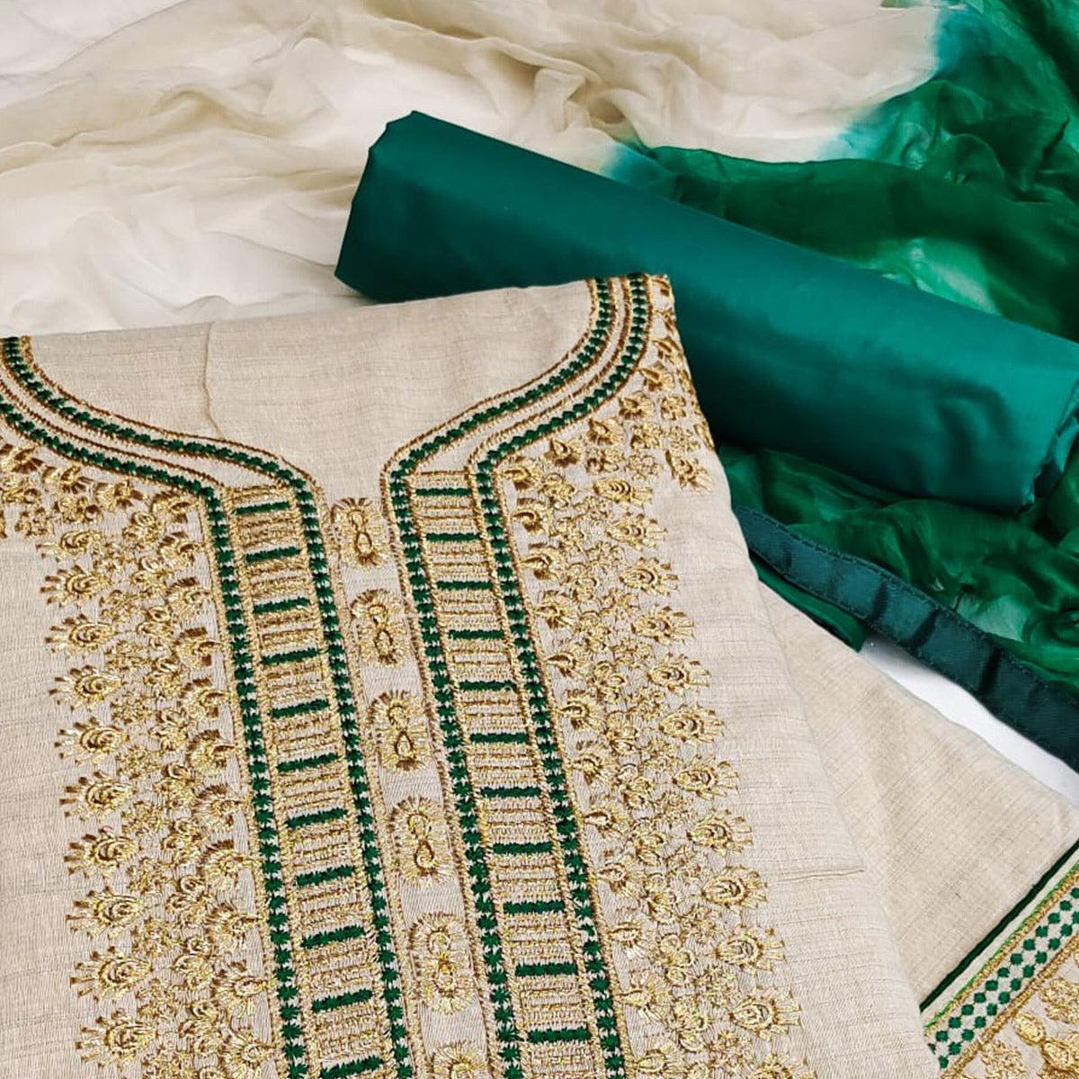 Cream-Green Festive Wear Mirror Work Cotton Dress Material - Peachmode