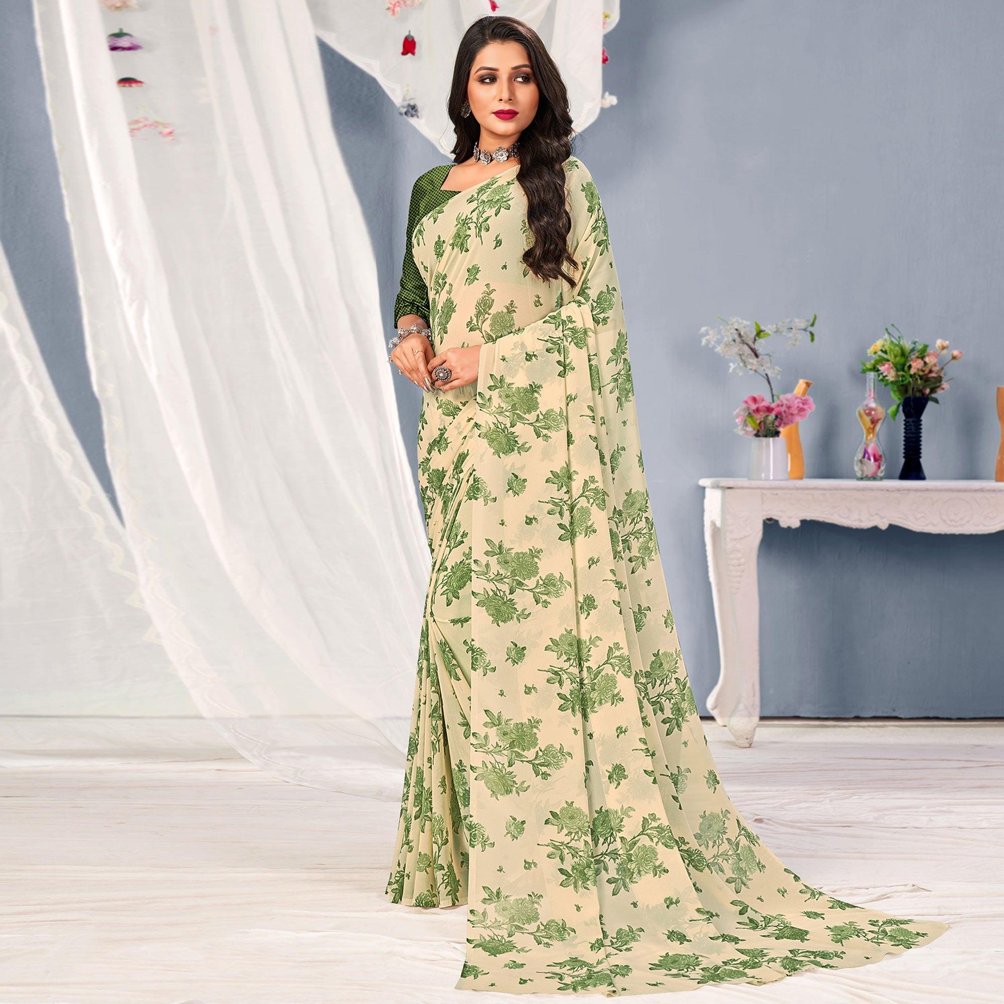 Cream-Green Floral Printed Georgette Saree - Peachmode