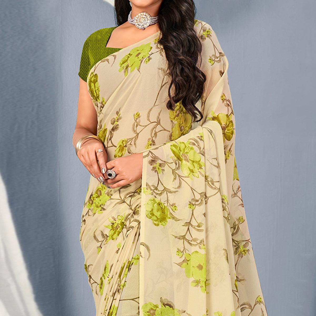 Cream-Green Floral Printed Georgette Saree - Peachmode