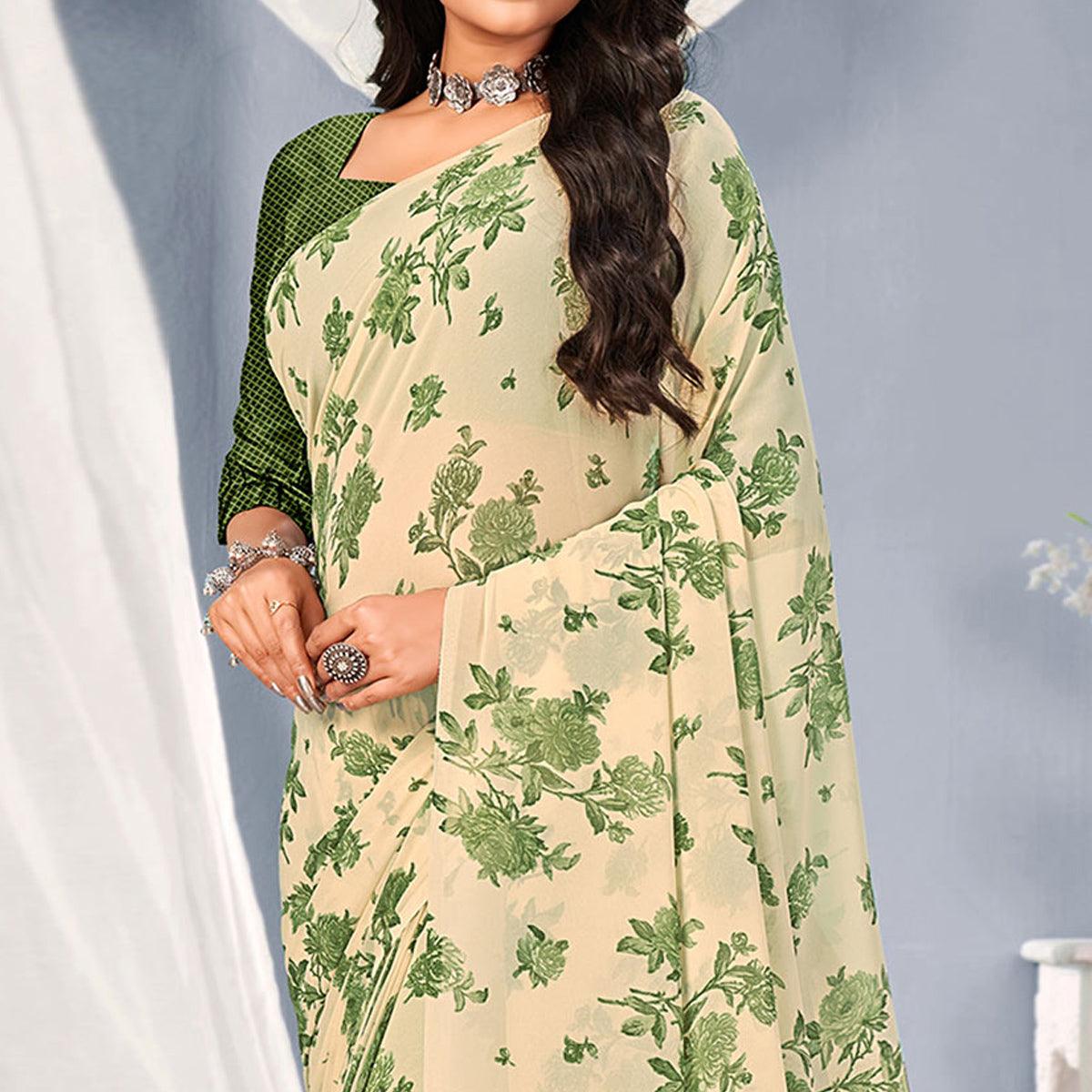 Cream-Green Floral Printed Georgette Saree - Peachmode