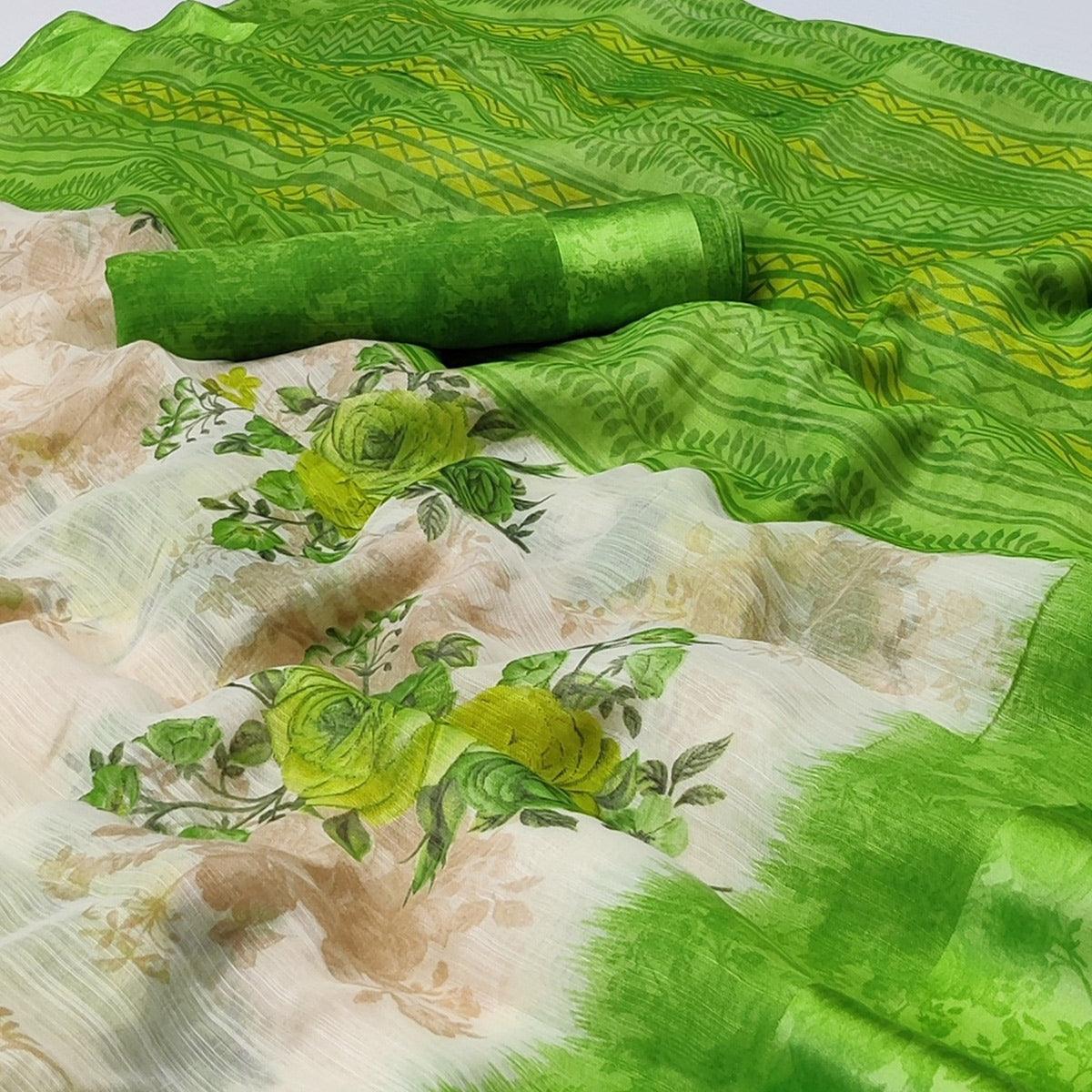 Cream-Green Floral Printed Linen Saree - Peachmode