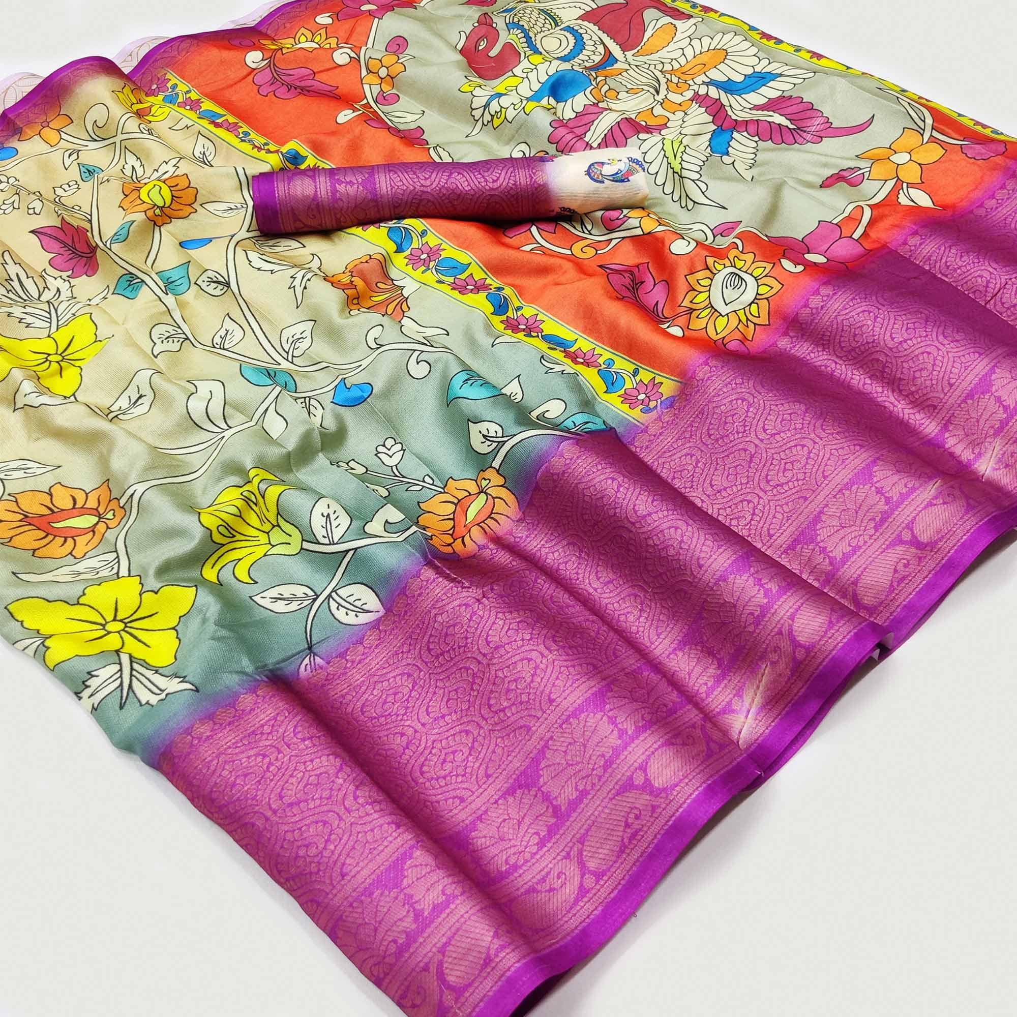 Cream-Grey Digital Printed Khaadi Saree - Peachmode