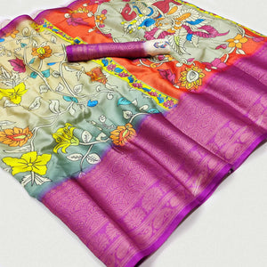 Cream-Grey Digital Printed Khaadi Saree - Peachmode