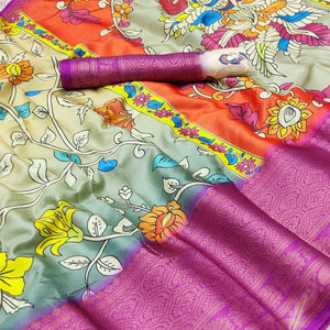 Cream-Grey Digital Printed Khaadi Saree - Peachmode