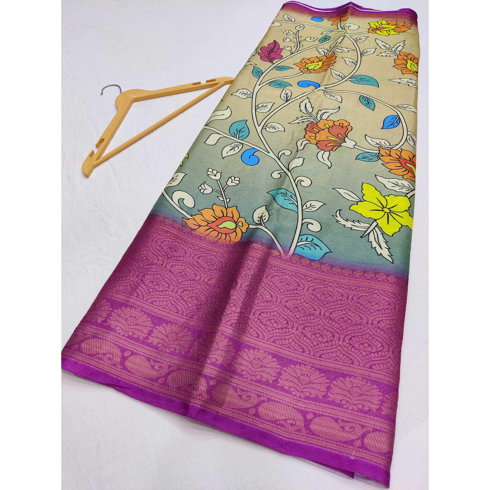 Cream-Grey Digital Printed Khaadi Saree - Peachmode