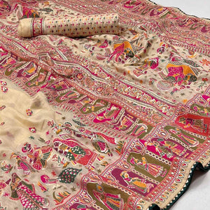 Cream Kalamkari Woven Chanderi Saree - Peachmode