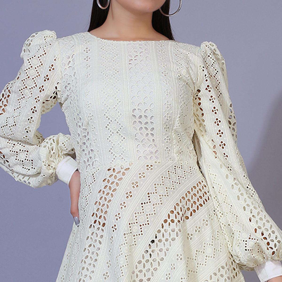 Cream Lucknowi Chikankari Work Rayon Western Dress - Peachmode