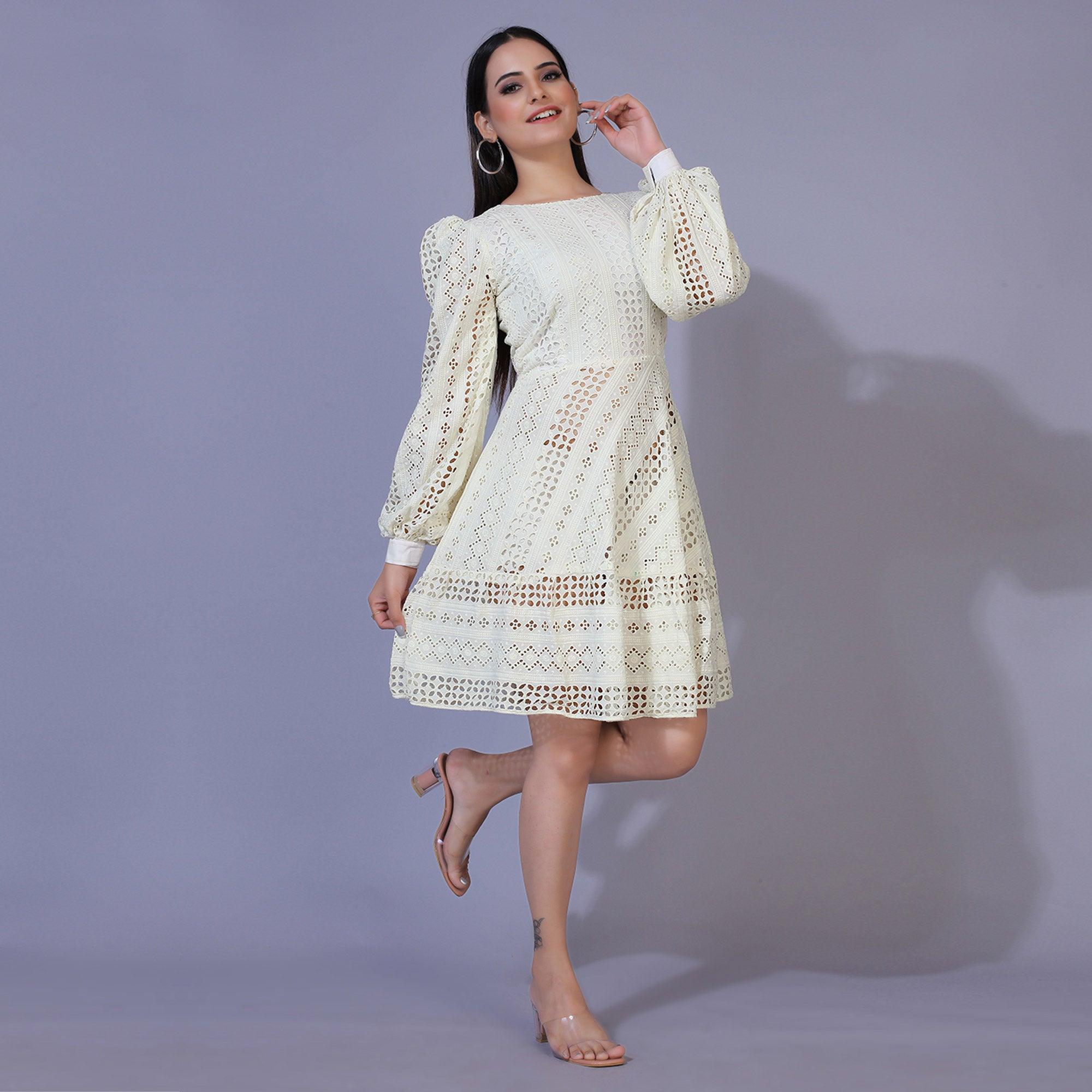 Cream Lucknowi Chikankari Work Rayon Western Dress - Peachmode