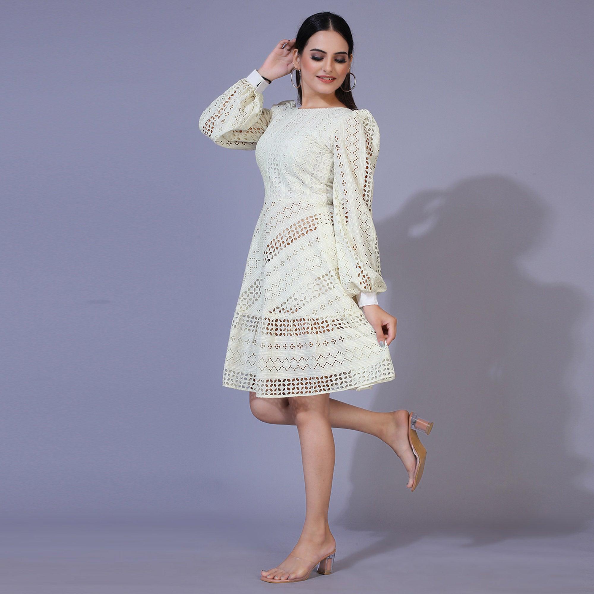 Cream Lucknowi Chikankari Work Rayon Western Dress - Peachmode