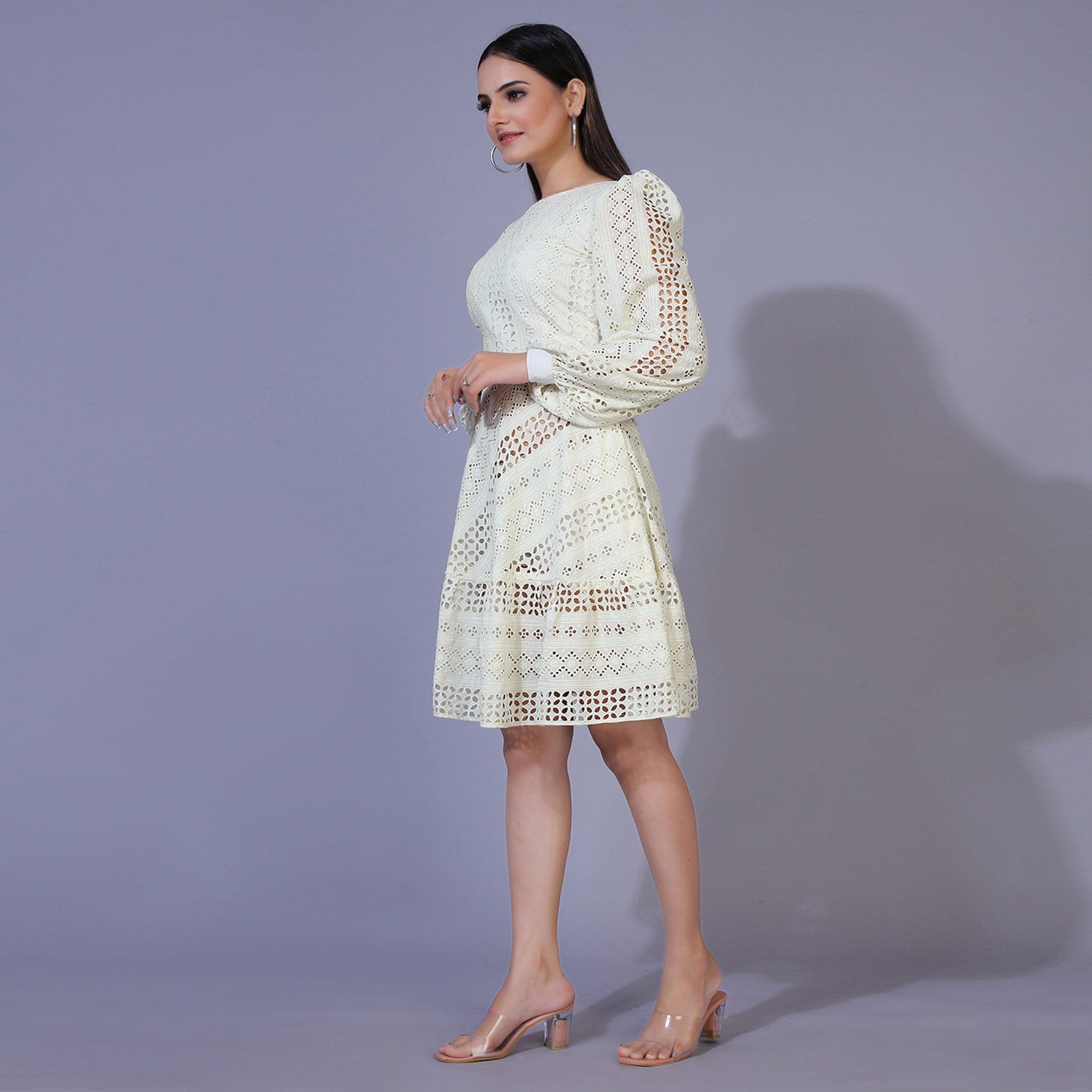 Cream Lucknowi Chikankari Work Rayon Western Dress - Peachmode