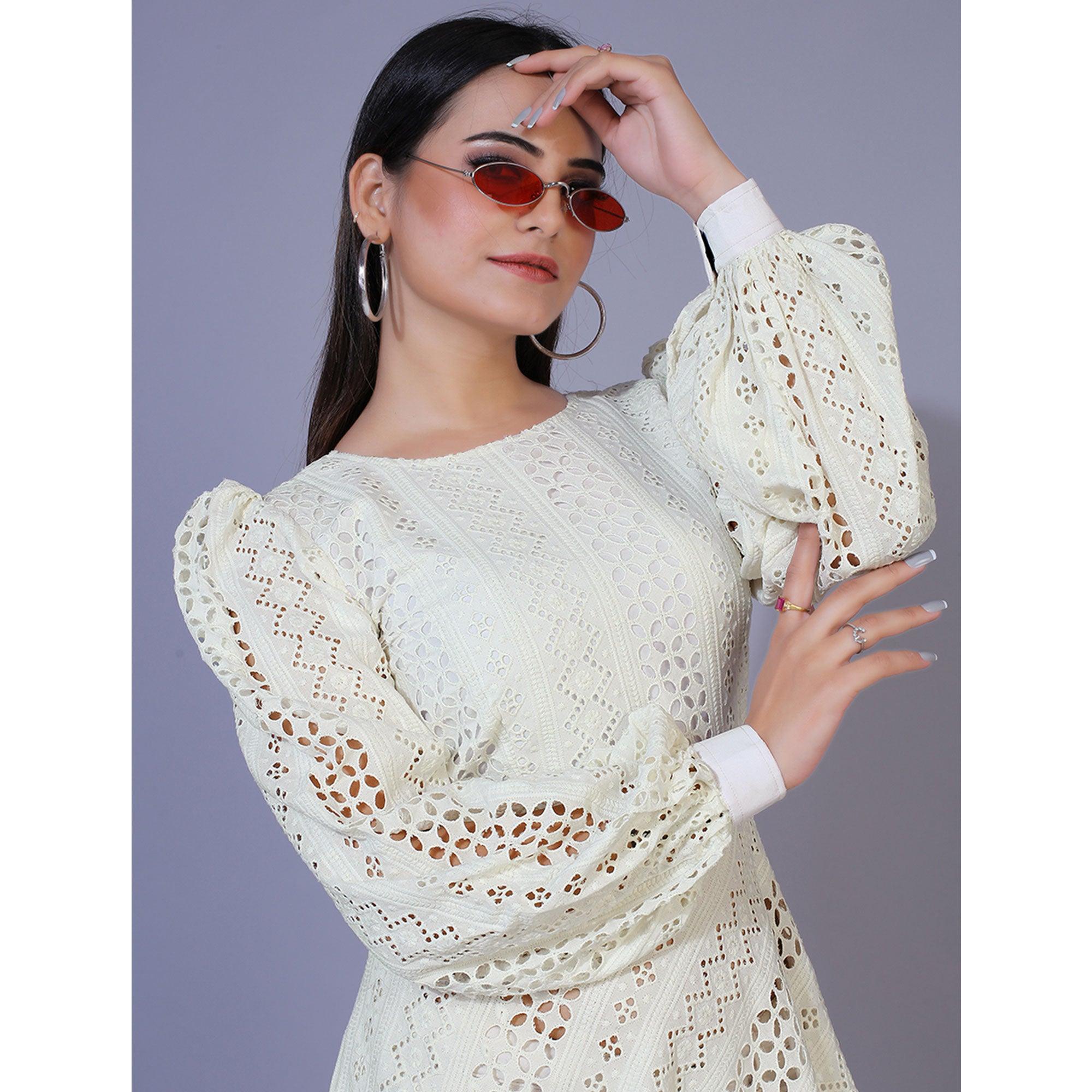 Cream Lucknowi Chikankari Work Rayon Western Dress - Peachmode