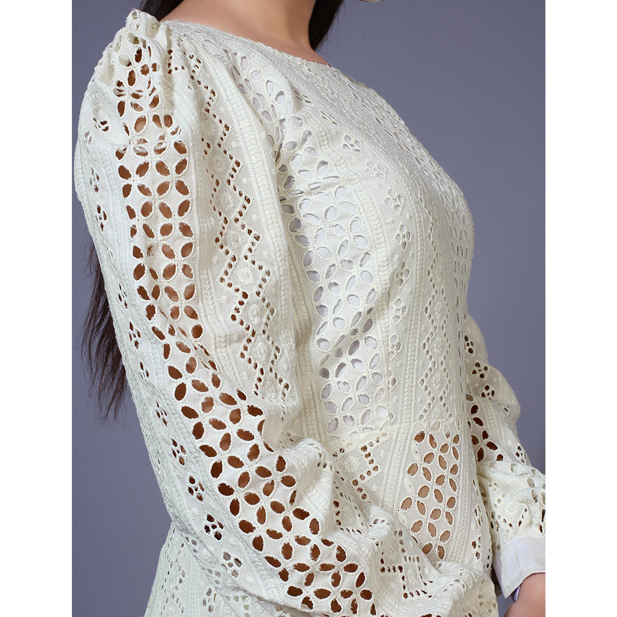 Cream Lucknowi Chikankari Work Rayon Western Dress - Peachmode