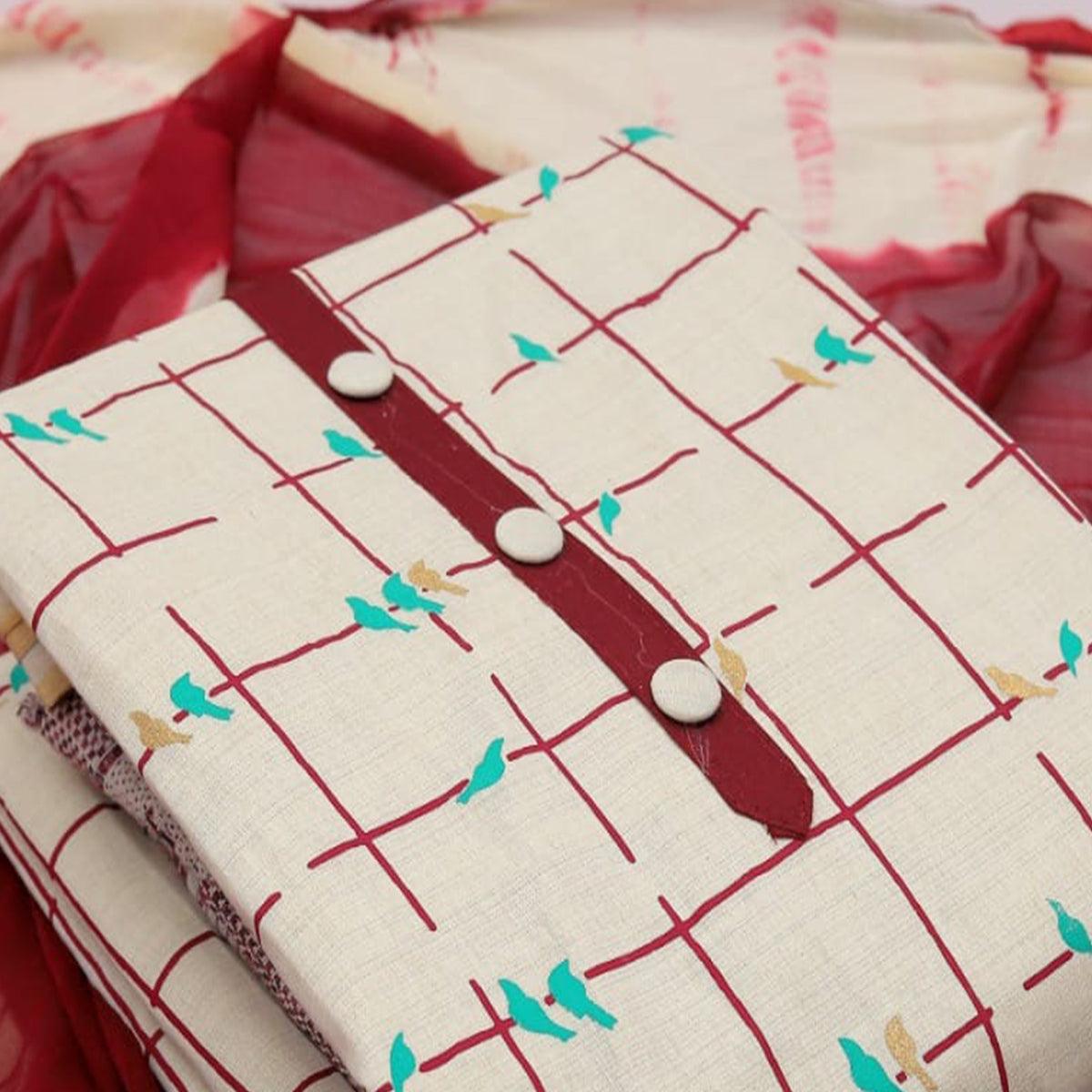 Cream - Maroon Casual Wear Foil Printed Cotton Dress Material - Peachmode