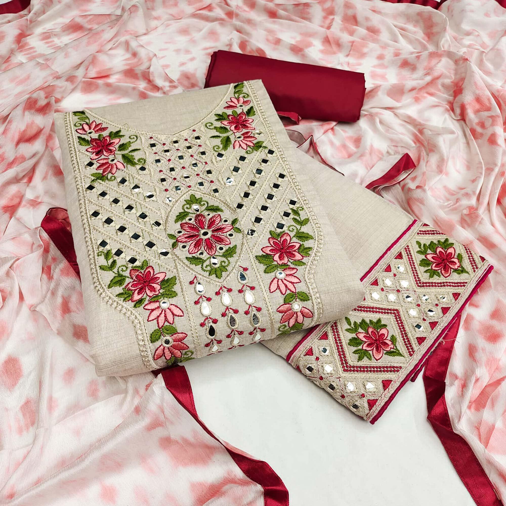 Cream-Maroon Festive Wear Floral Embroidery With Mirror Work Cotton Dress Material - Peachmode