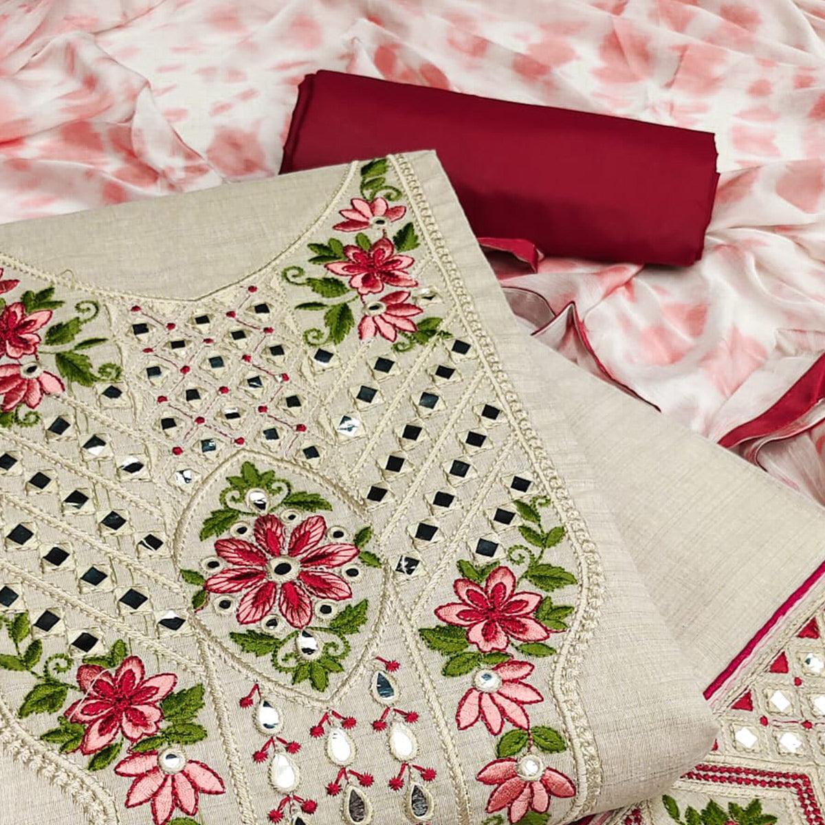 Cream-Maroon Festive Wear Floral Embroidery With Mirror Work Cotton Dress Material - Peachmode