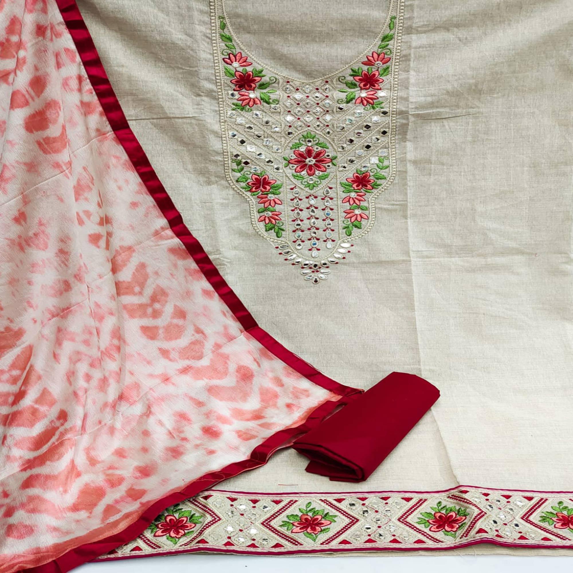 Cream-Maroon Festive Wear Floral Embroidery With Mirror Work Cotton Dress Material - Peachmode