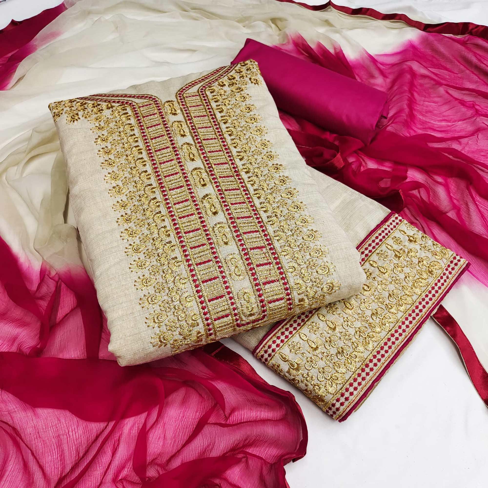 Cream-Maroon Festive Wear Mirror Work Cotton Dress Material - Peachmode