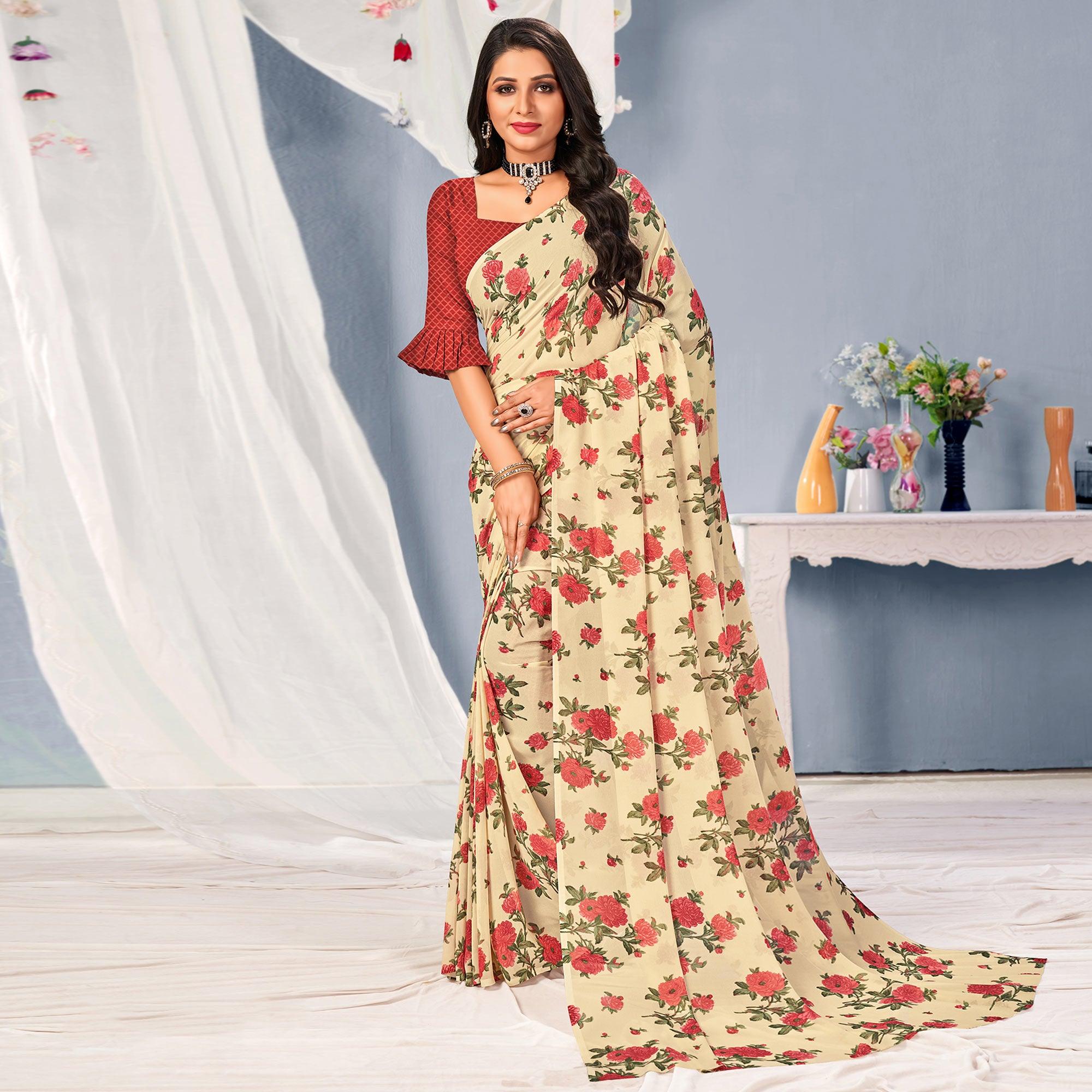 Cream-Maroon Floral Printed Georgette Saree - Peachmode