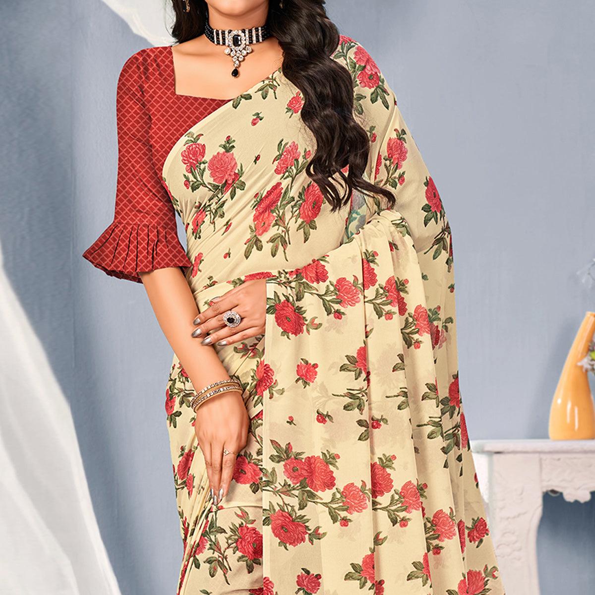 Cream-Maroon Floral Printed Georgette Saree - Peachmode