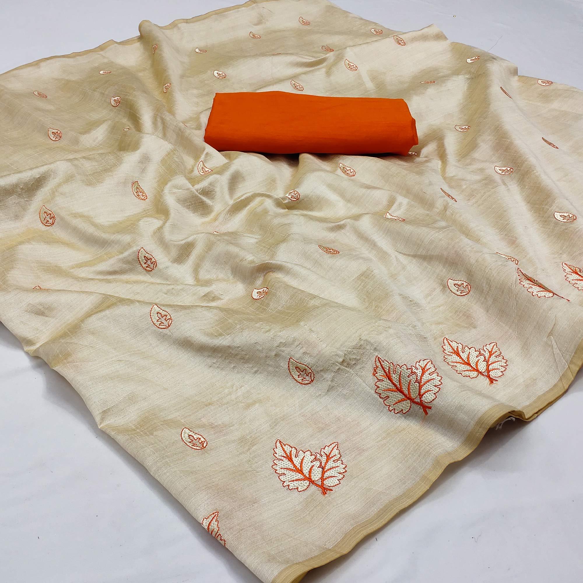 Cream - Orange Casual Wear Emrboidered Silk Saree - Peachmode