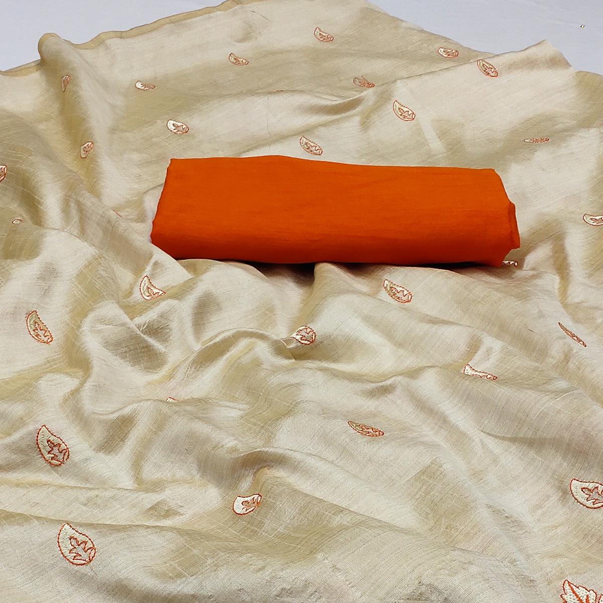 Cream - Orange Casual Wear Emrboidered Silk Saree - Peachmode