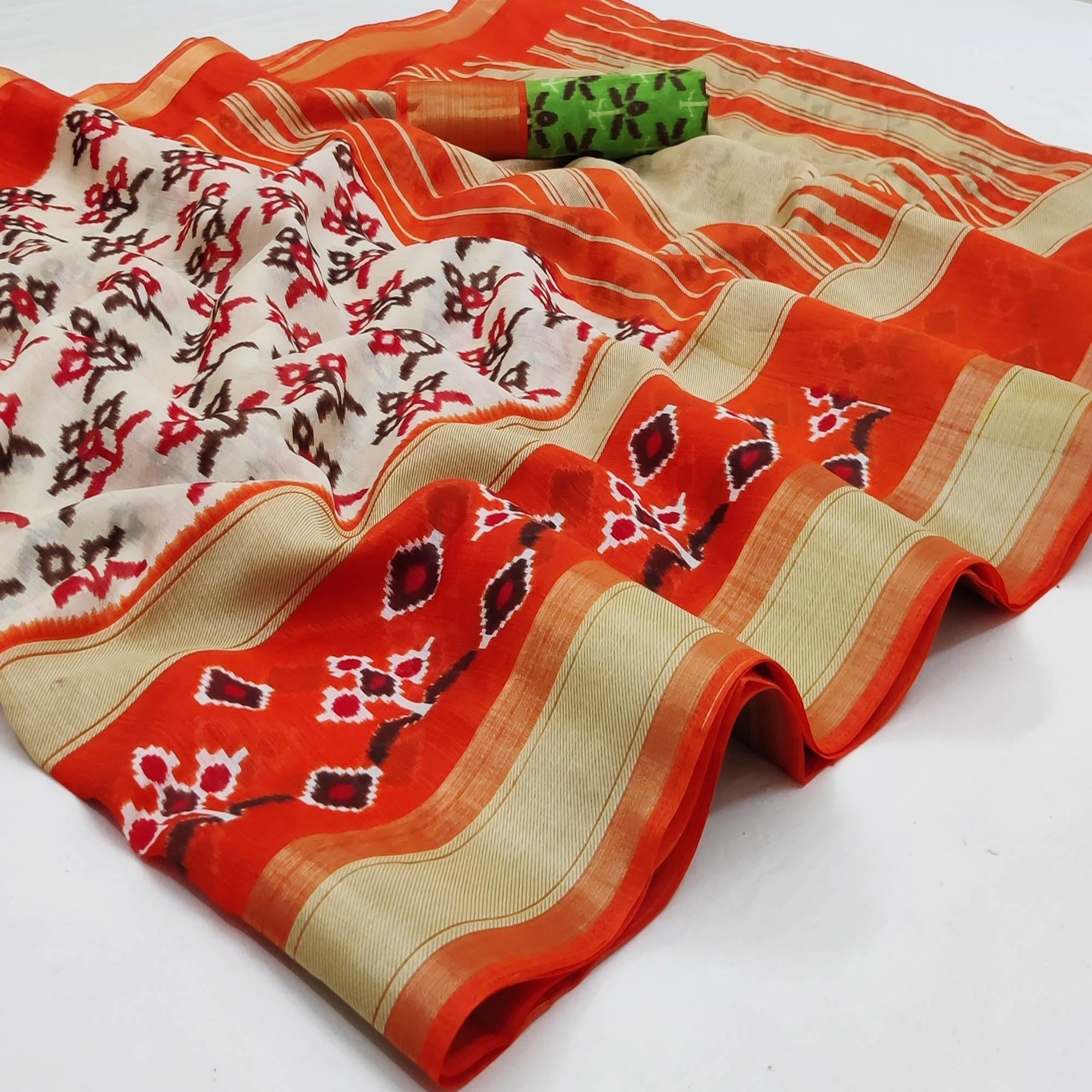 Cream-Orange Casual Wear Printed Cotton Saree With Jari Border - Peachmode