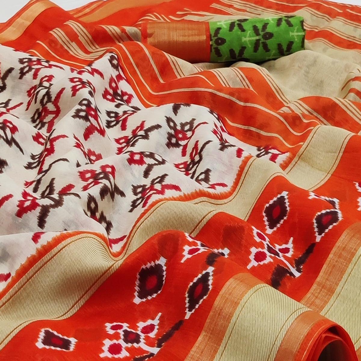 Cream-Orange Casual Wear Printed Cotton Saree With Jari Border - Peachmode