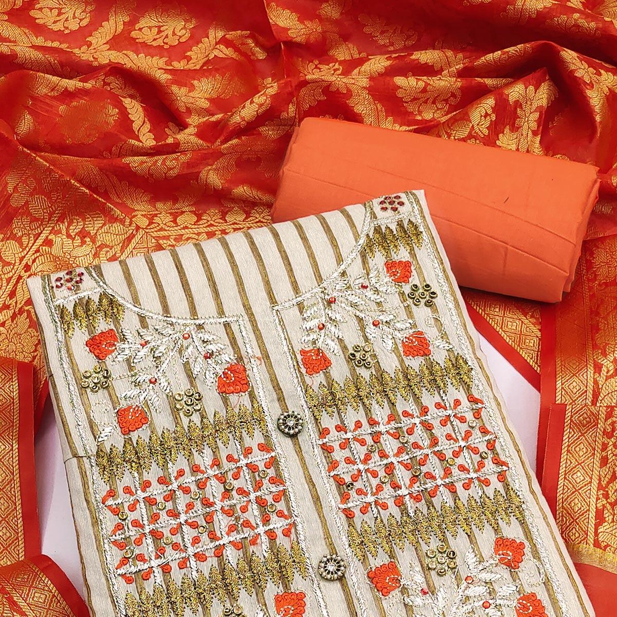 Cream-Orange Embroidered Poly Cotton Dress Material - Peachmode