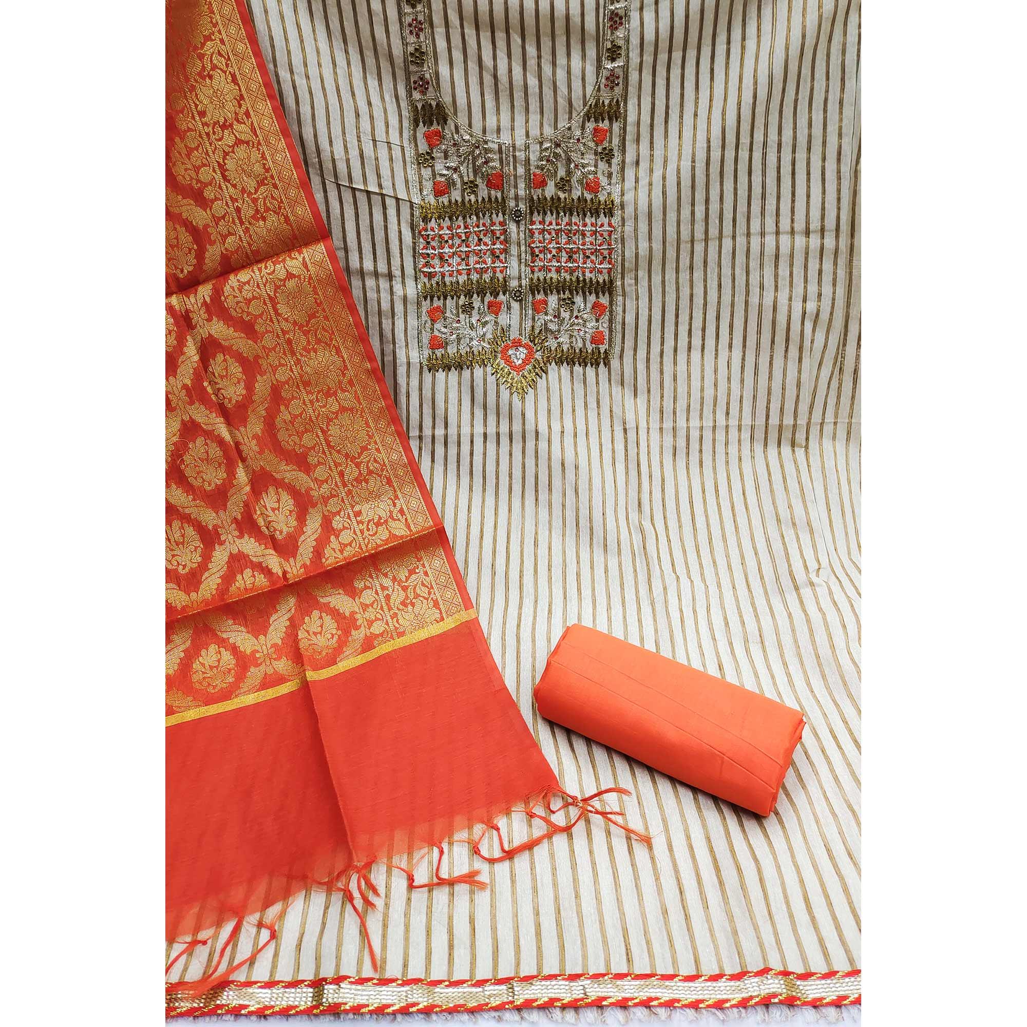 Cream-Orange Embroidered Poly Cotton Dress Material - Peachmode