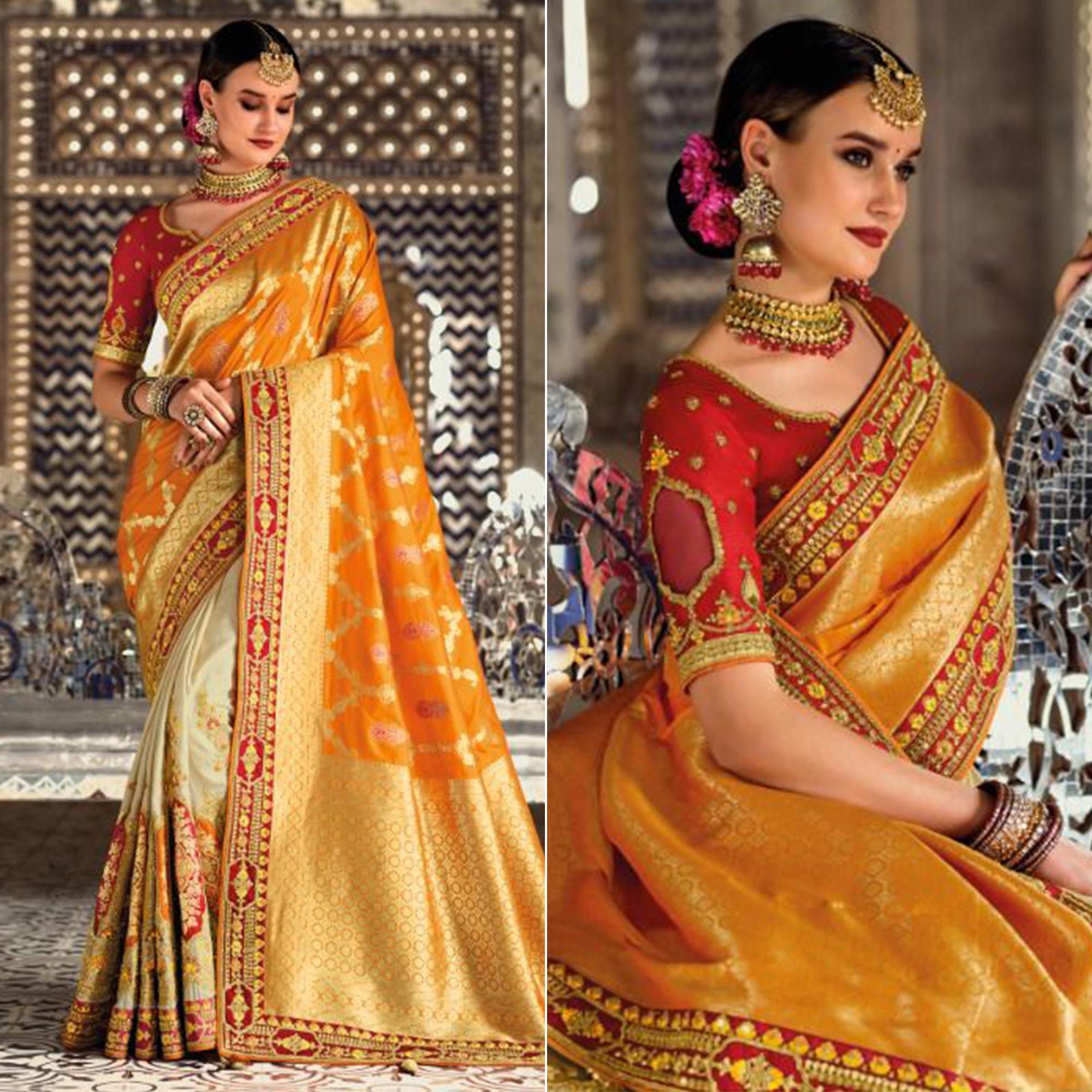 Cream-Orange Festive Wear Woven Banarasi Silk Half & Half Saree - Peachmode